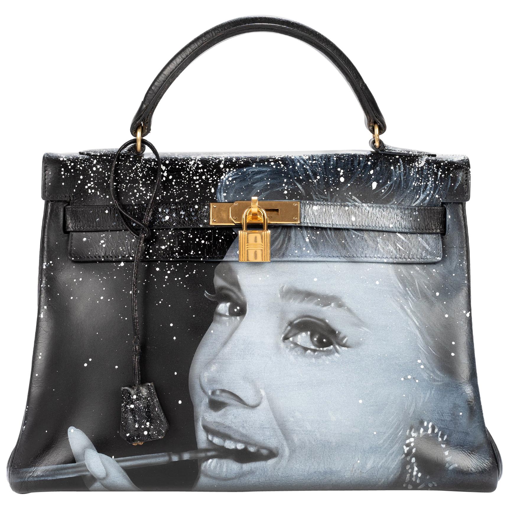 Amazing creation "Audrey Hepburn#47" on Kelly 32 cm handbag in black calfskin