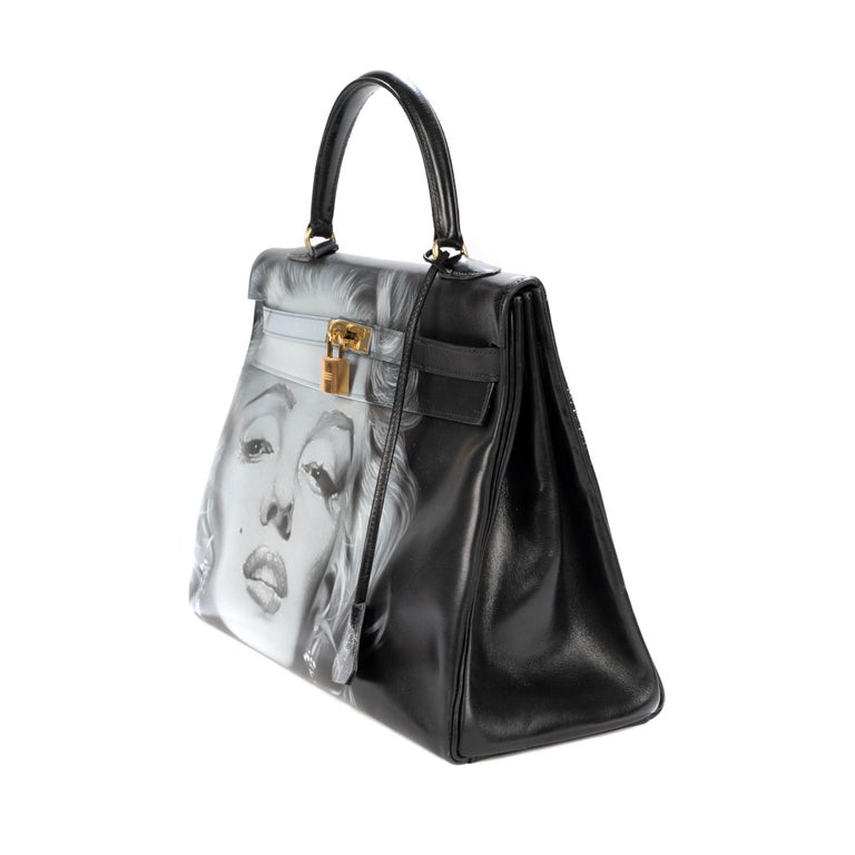 Amazing creation Marilyn Monroe#46 on Kelly 35 cm handbag in black  calfskin at 1stDibs