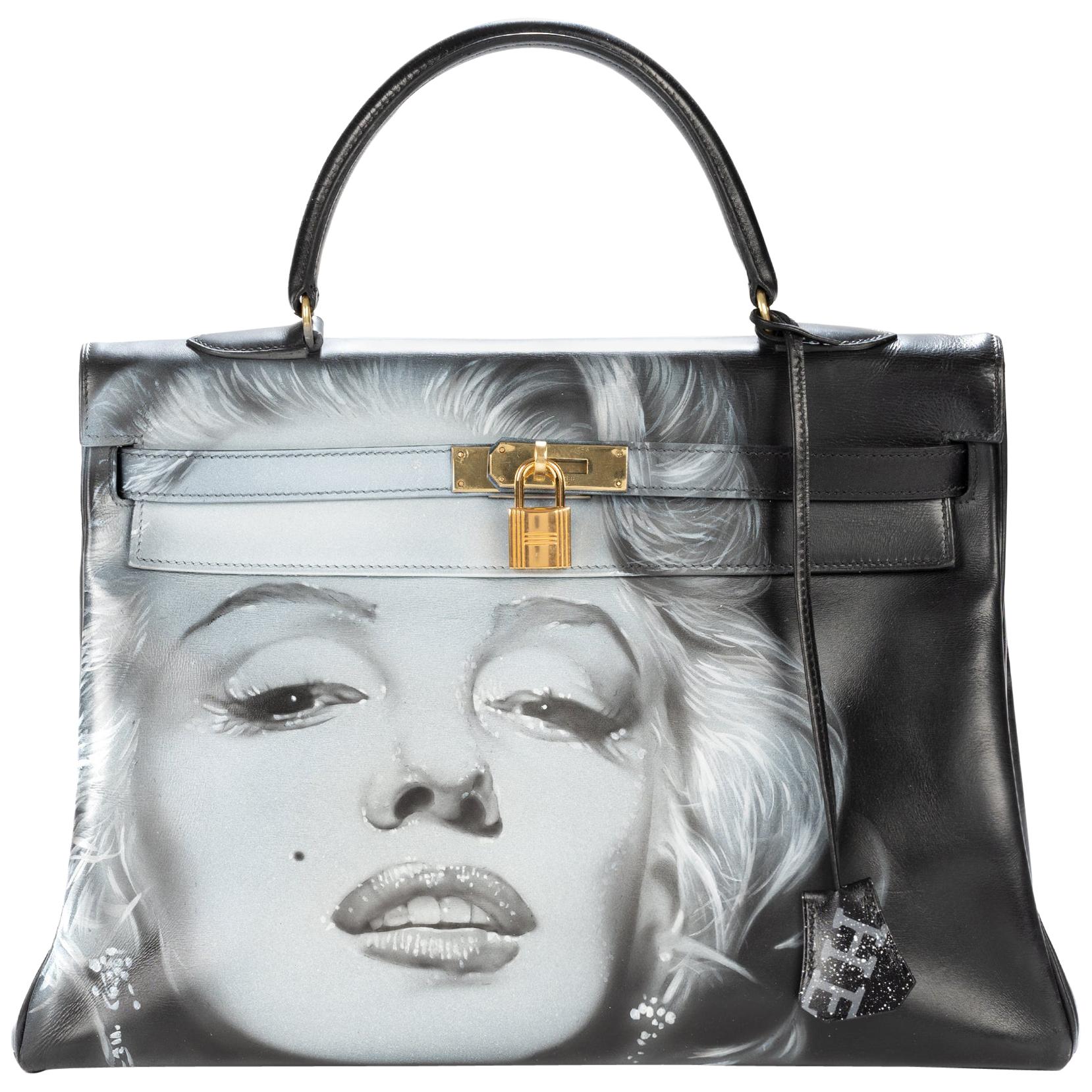 Amazing creation Marilyn Monroe#46 on Kelly 35 cm handbag in black  calfskin at 1stDibs