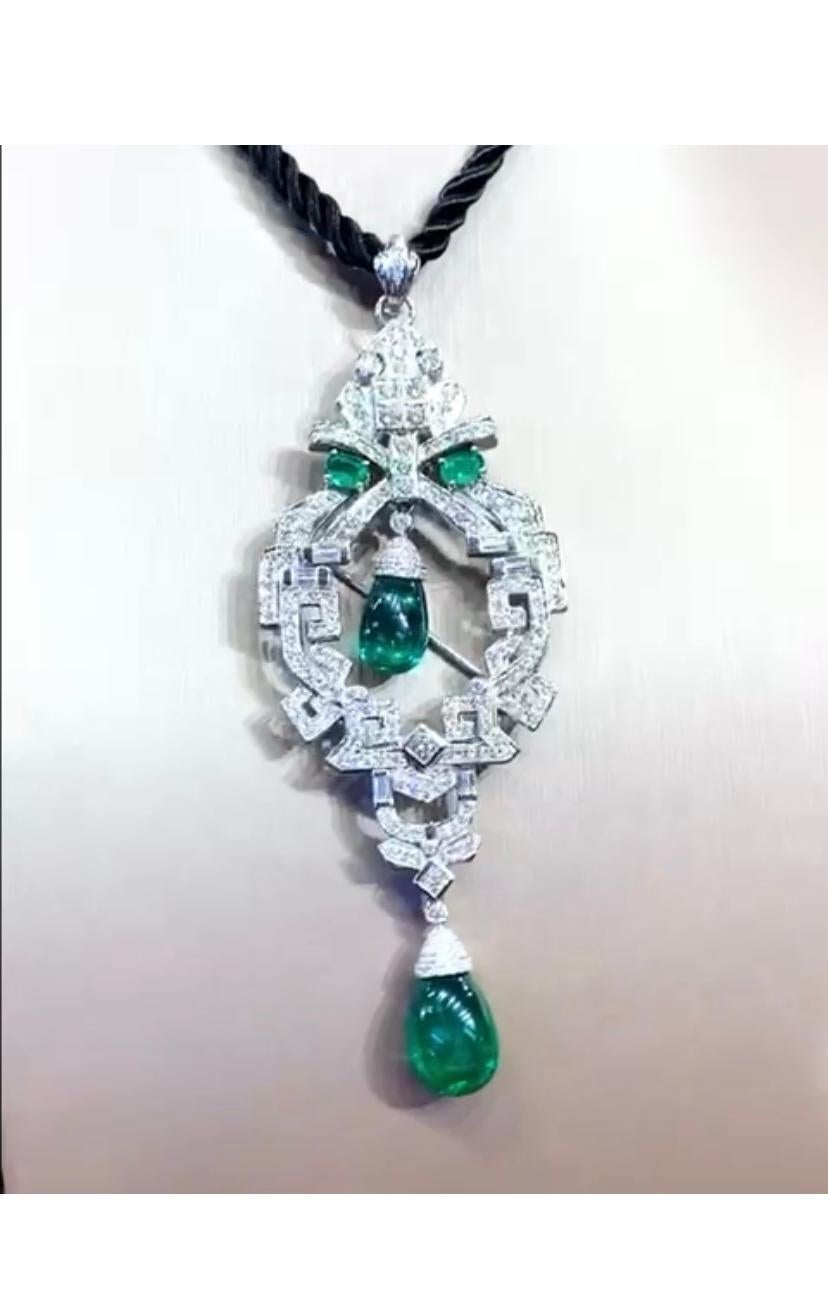 Art Deco Amazing Ct 30, 89 of Zambia Emeralds and Diamonds on Pendant/Brooch For Sale