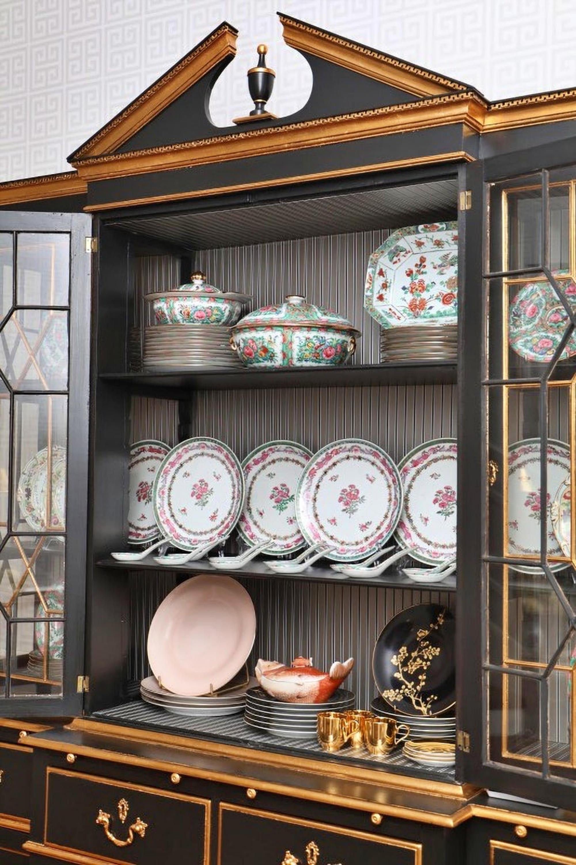 Hand-Crafted Amazing Cupboard Black and Gold Painted Wood End 18th Century Restored