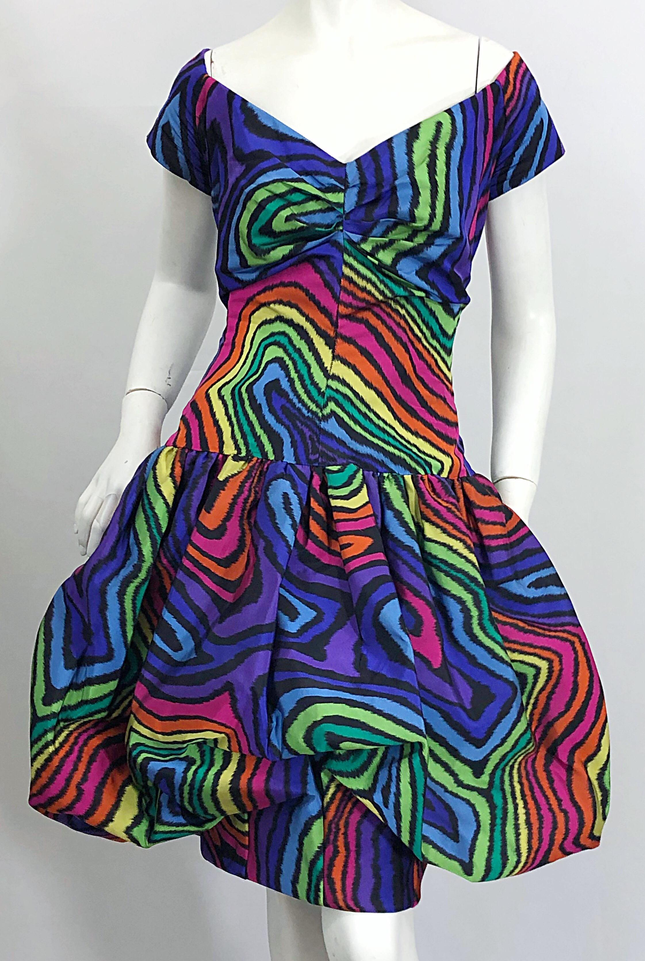 Amazing Demi Couture Italian 1980s Rainbow Color Silk Taffeta Pouf Bubble Dress 5