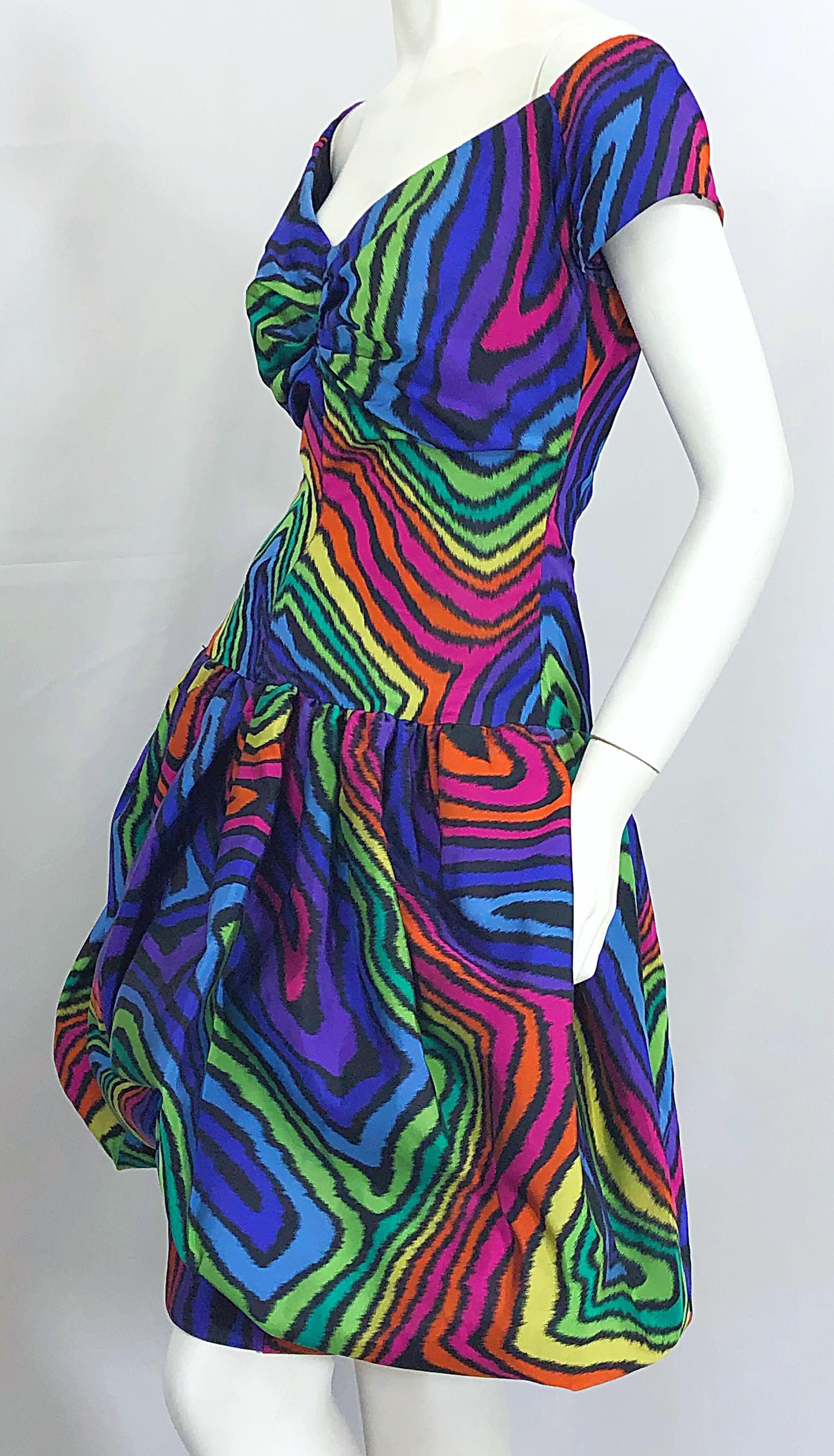 Amazing Demi Couture Italian 1980s Rainbow Color Silk Taffeta Pouf Bubble Dress 6