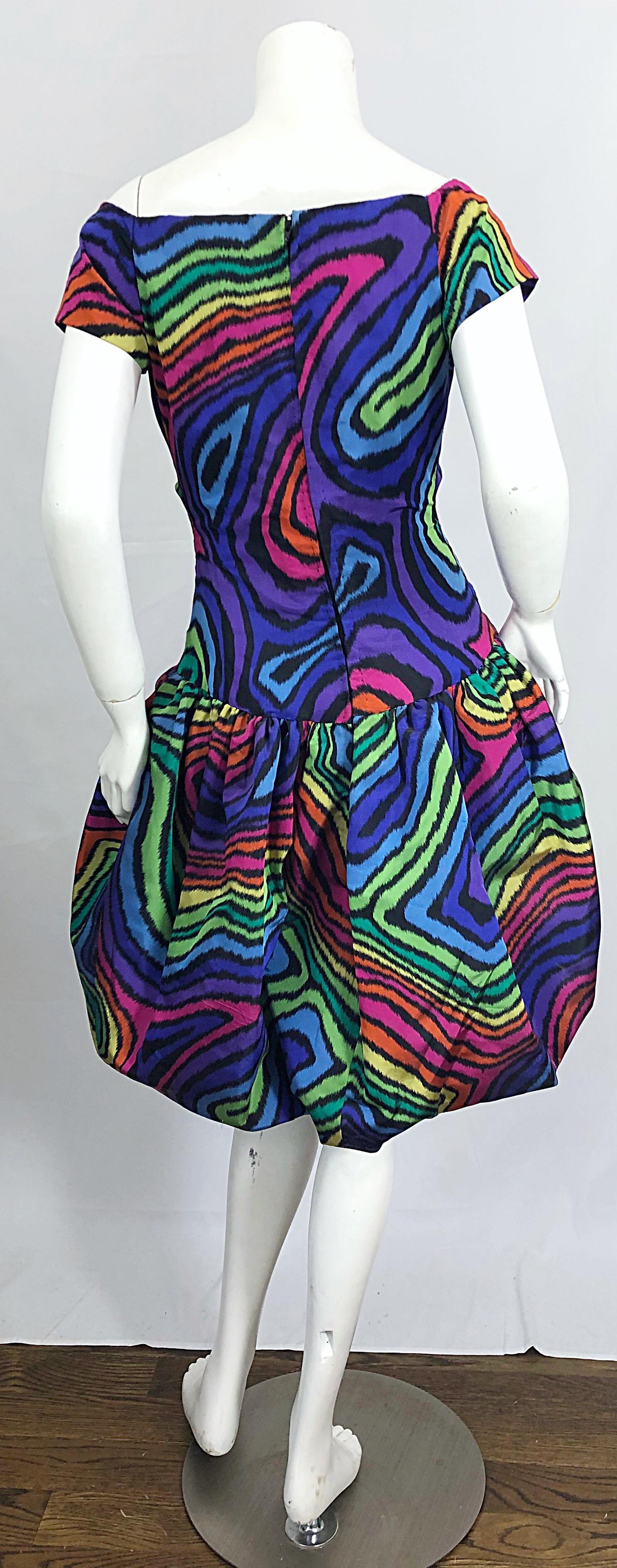 Amazing Demi Couture Italian 1980s Rainbow Color Silk Taffeta Pouf Bubble Dress 8