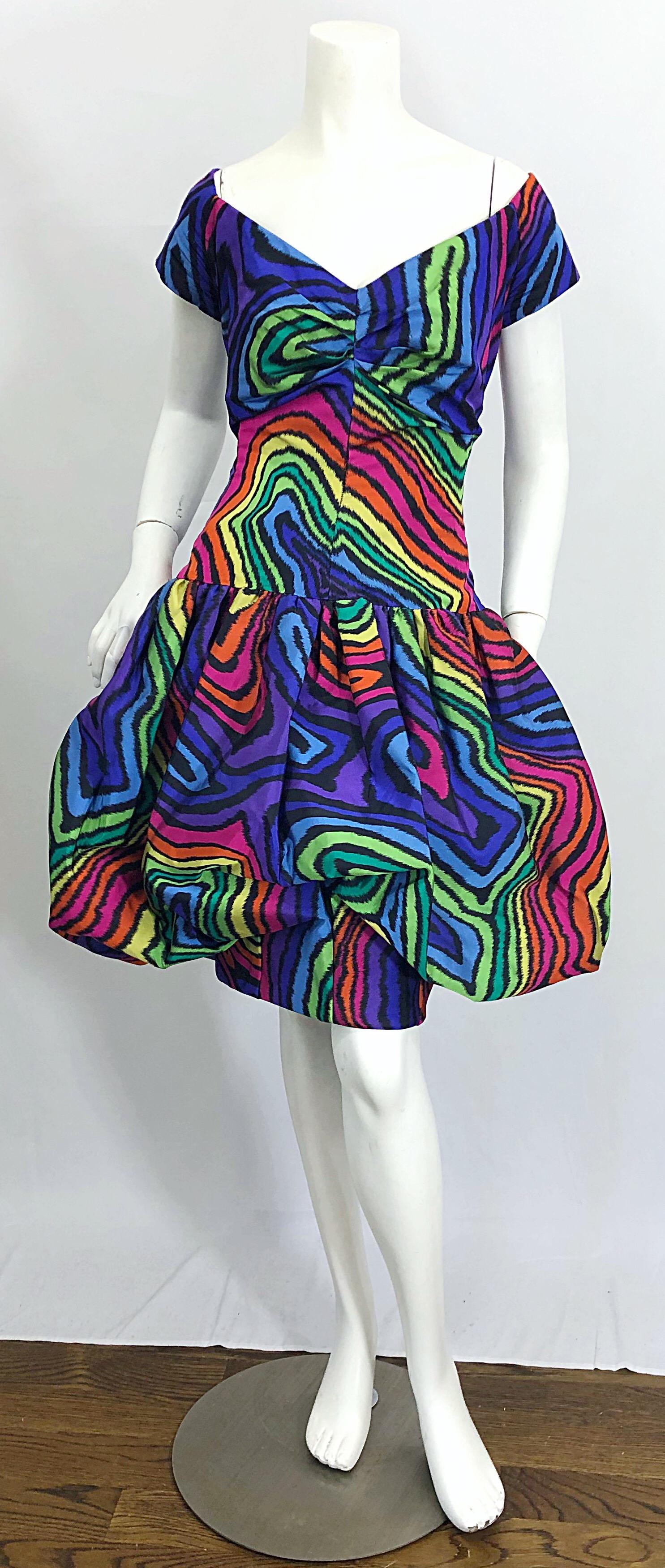 Amazing vintage 80s does 50s Italian made rainbow colored squiggly abstract patterned pouf bubble dress! I picked this rare gem up in Rome from a prominent estate last month. Couture quality with so much attention to detail. Tailored fitted bodice