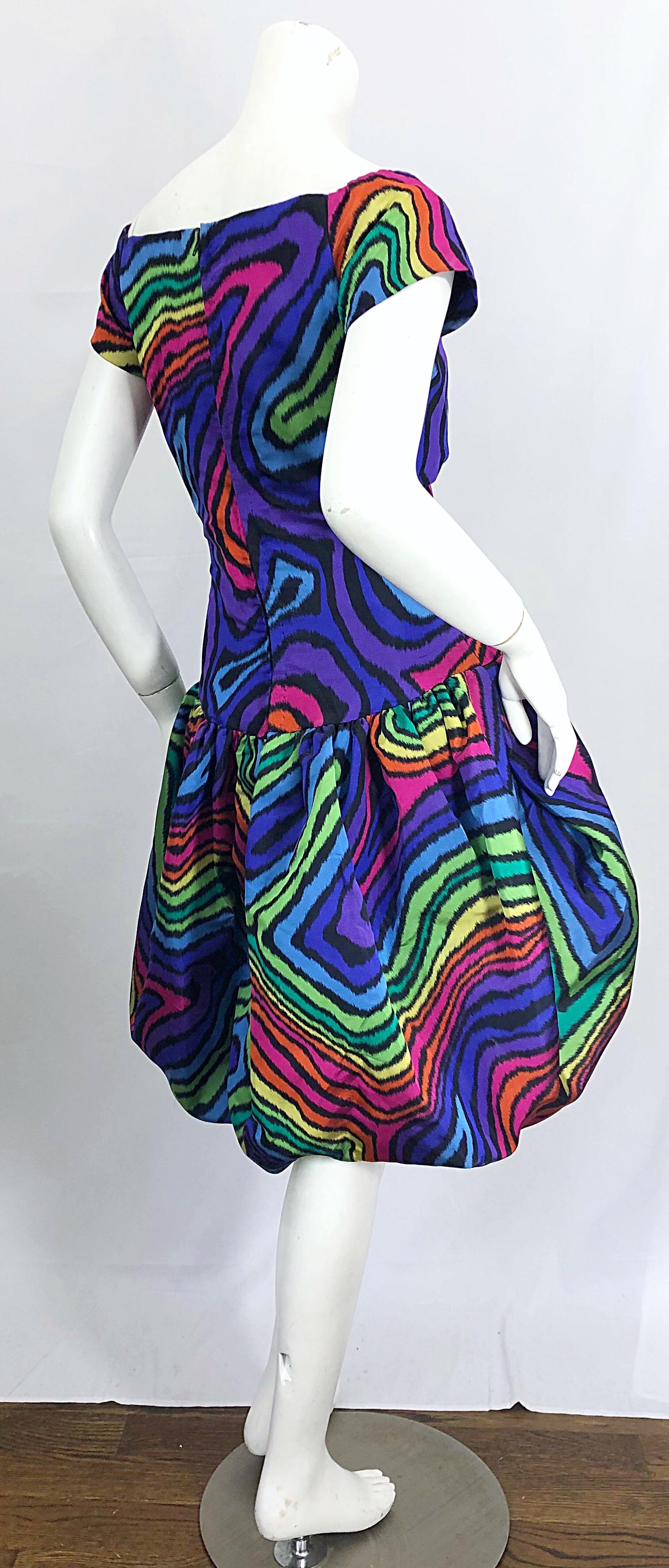 Amazing Demi Couture Italian 1980s Rainbow Color Silk Taffeta Pouf Bubble Dress In Excellent Condition In San Diego, CA