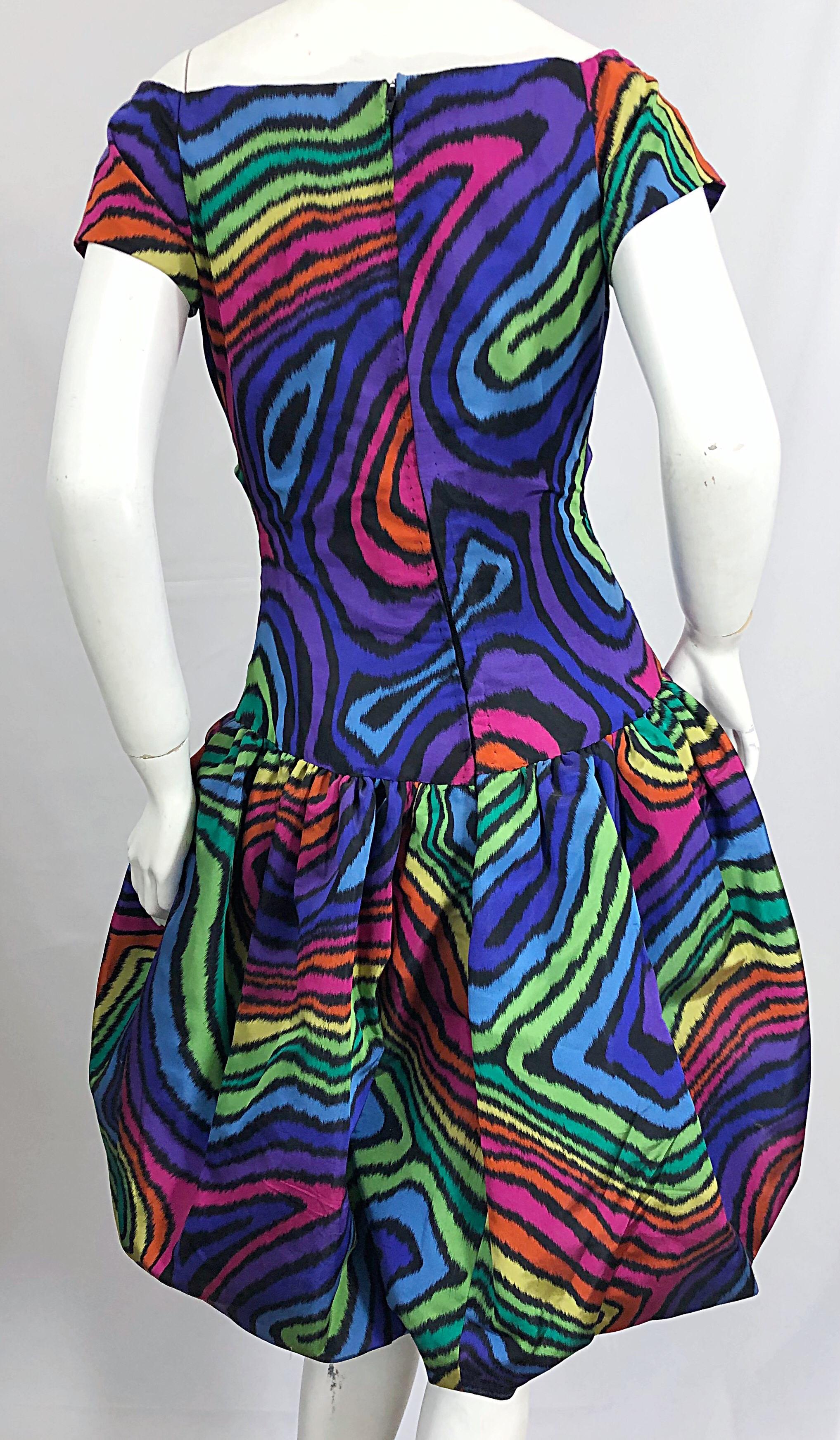 Amazing Demi Couture Italian 1980s Rainbow Color Silk Taffeta Pouf Bubble Dress 1