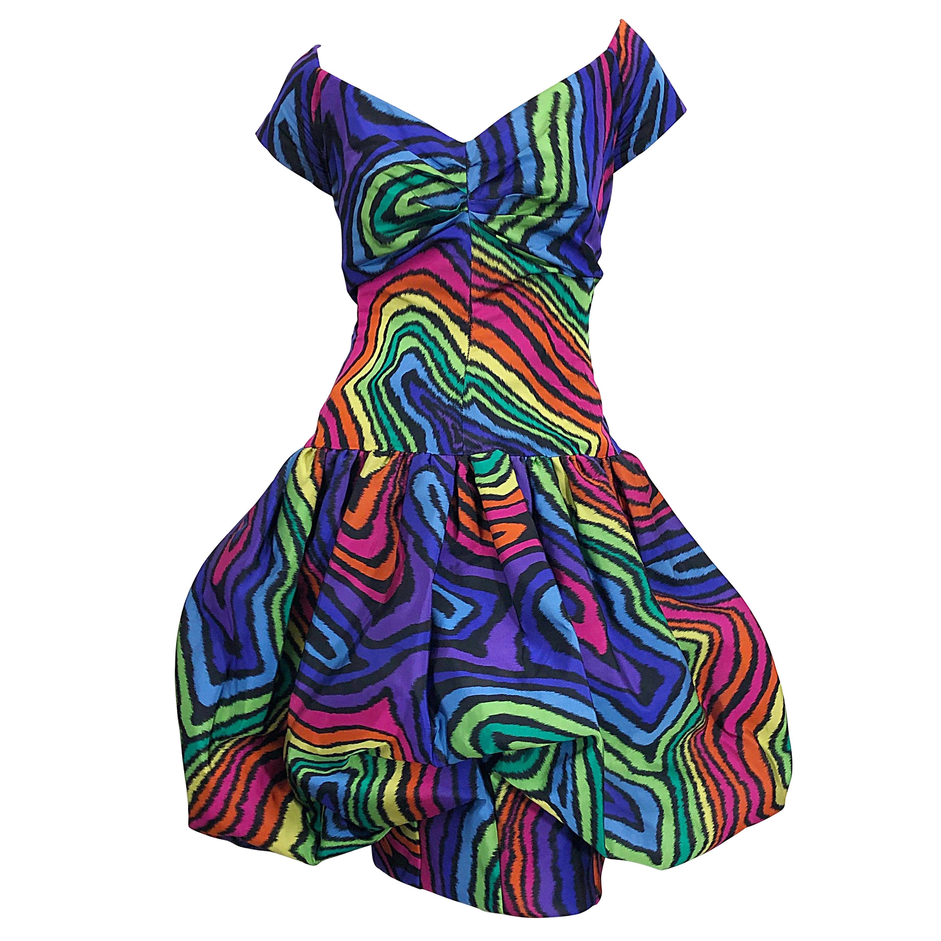 Amazing Demi Couture Italian 1980s Rainbow Color Silk Taffeta Pouf Bubble Dress