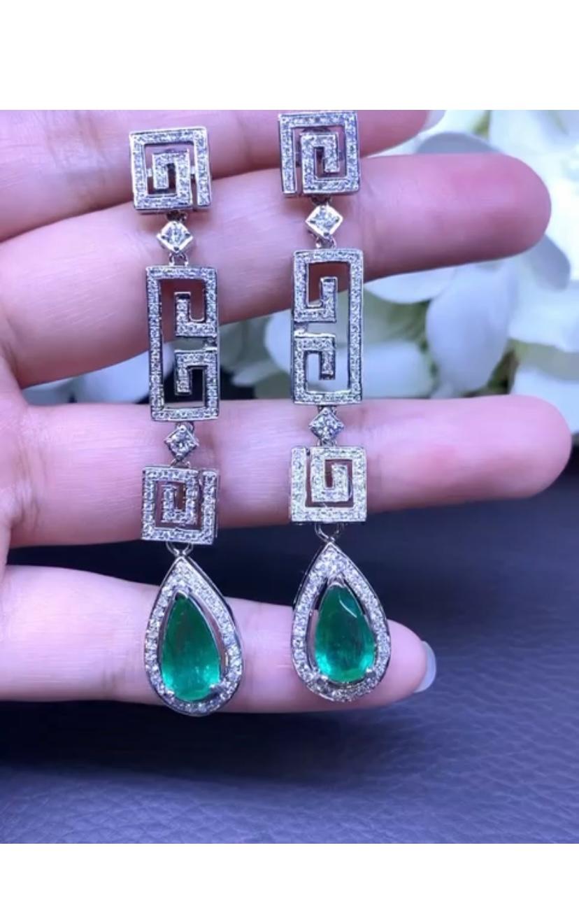 Pear Cut AIG Certified 4.10 Carats Zambian Emeralds  2.92 Ct Diamonds 18K Gold Earrings  For Sale