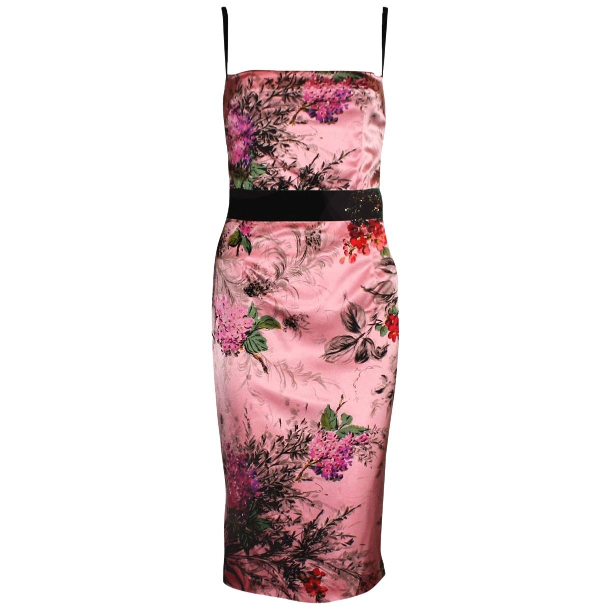 Amazing Dolce Gabbana Pink Floral Silk & Velvet Corset Dress with Brooch