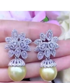 GIT Certified Golden South Sea Pearls 14mm Diamonds 3.35 Ct 18k Gold Earrings