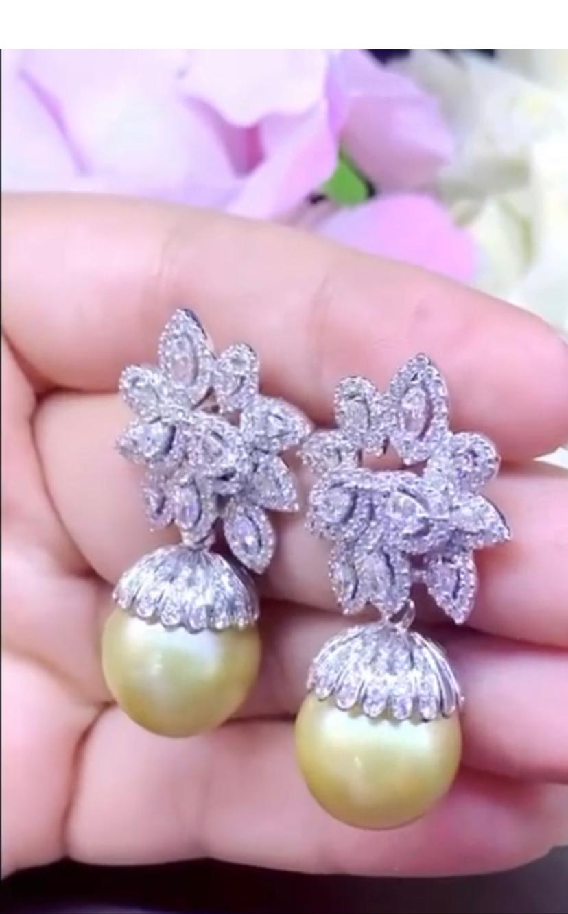 GIT Certified Golden South Sea Pearls 14mm Diamonds 3.35 Ct 18k Gold Earrings  For Sale 1