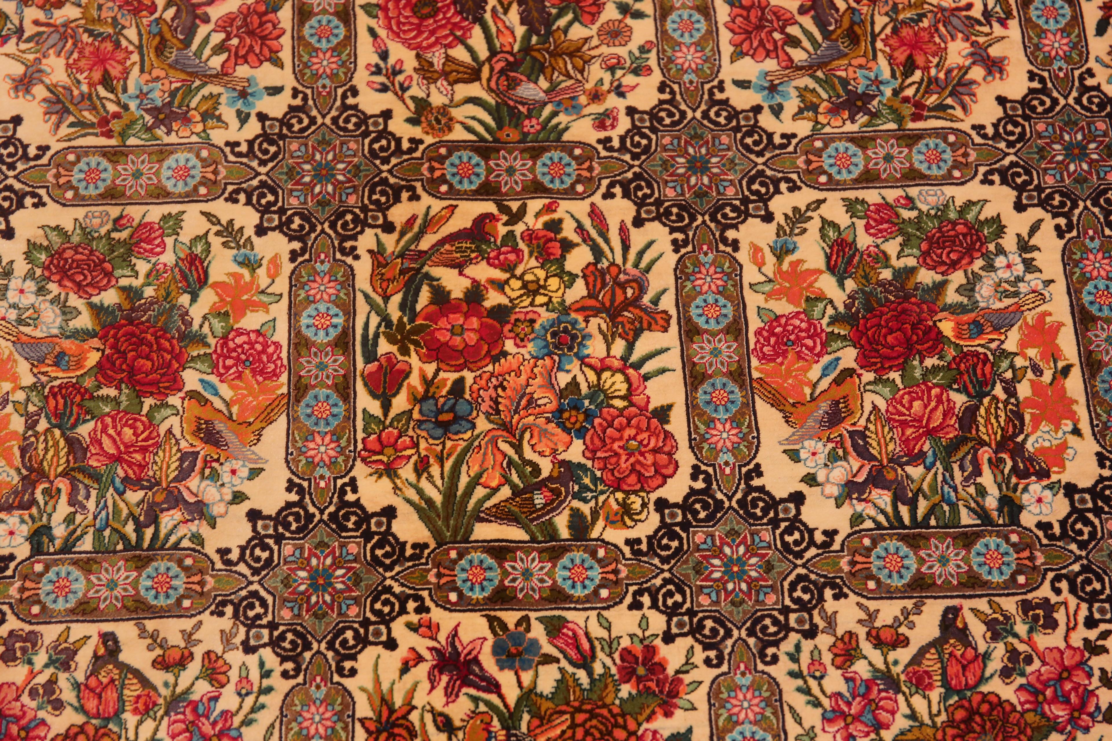 Amazing Fine Floral Garden Vintage Luxurious Silk Persian Qum Rug 6'10