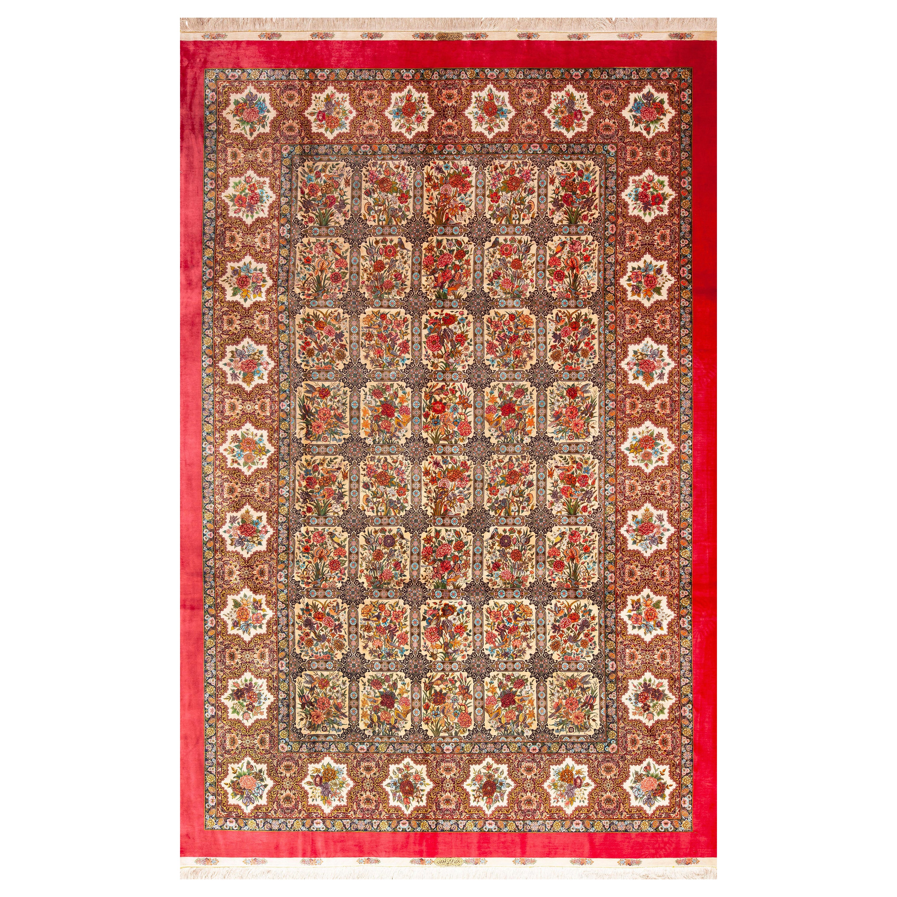 Incredibile Tappeto Qum Persiano di Seta Fine Floral Garden Vintage Lussuoso 6'10" x 10'3"
