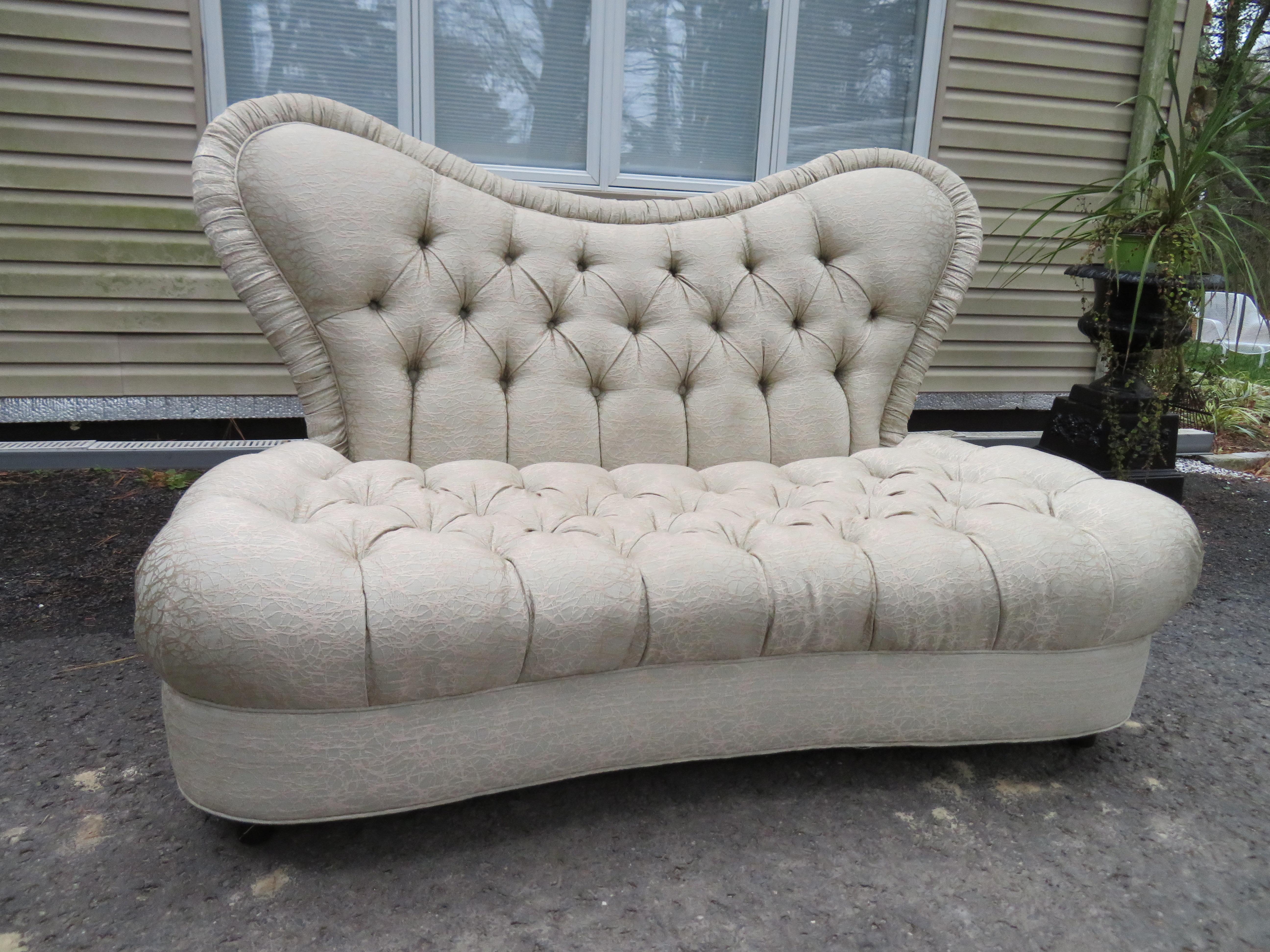 Amazing Fun Hollywood Regency Tall Tufted Back Loveseat For Sale 3