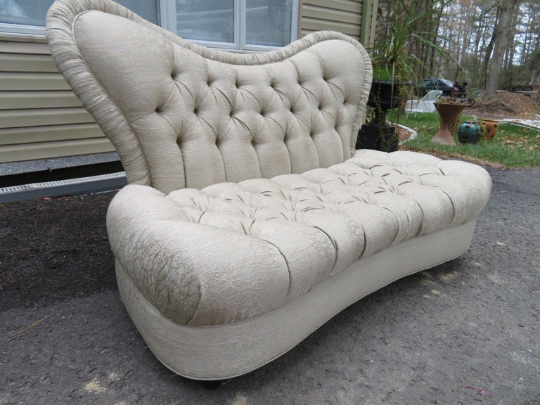 Amazing Fun Hollywood Regency Tall Tufted Back Loveseat For Sale at