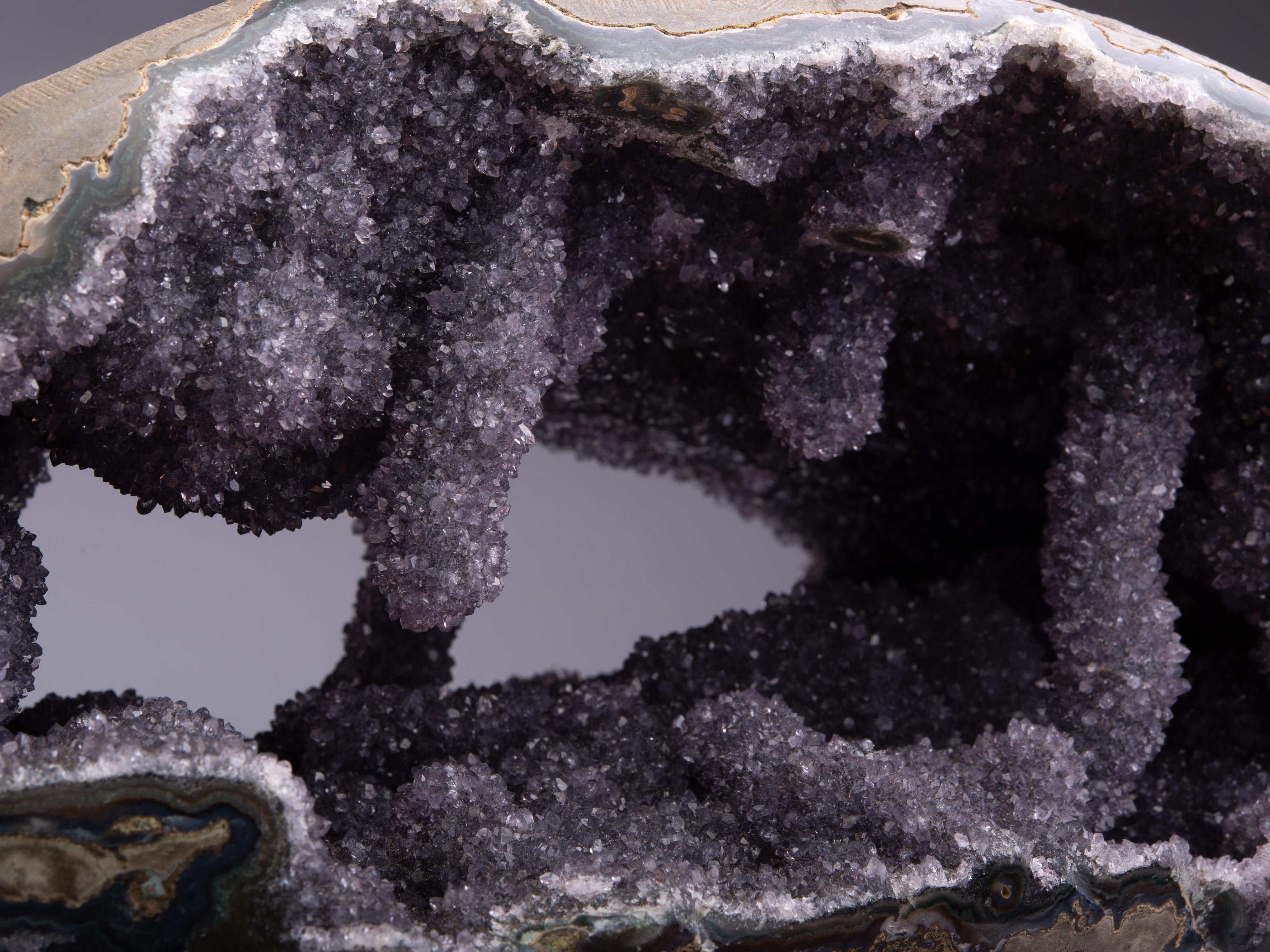 Amazing Geode with Stalactites and Stalagmites with Amethyst and Grey Druze For Sale 6