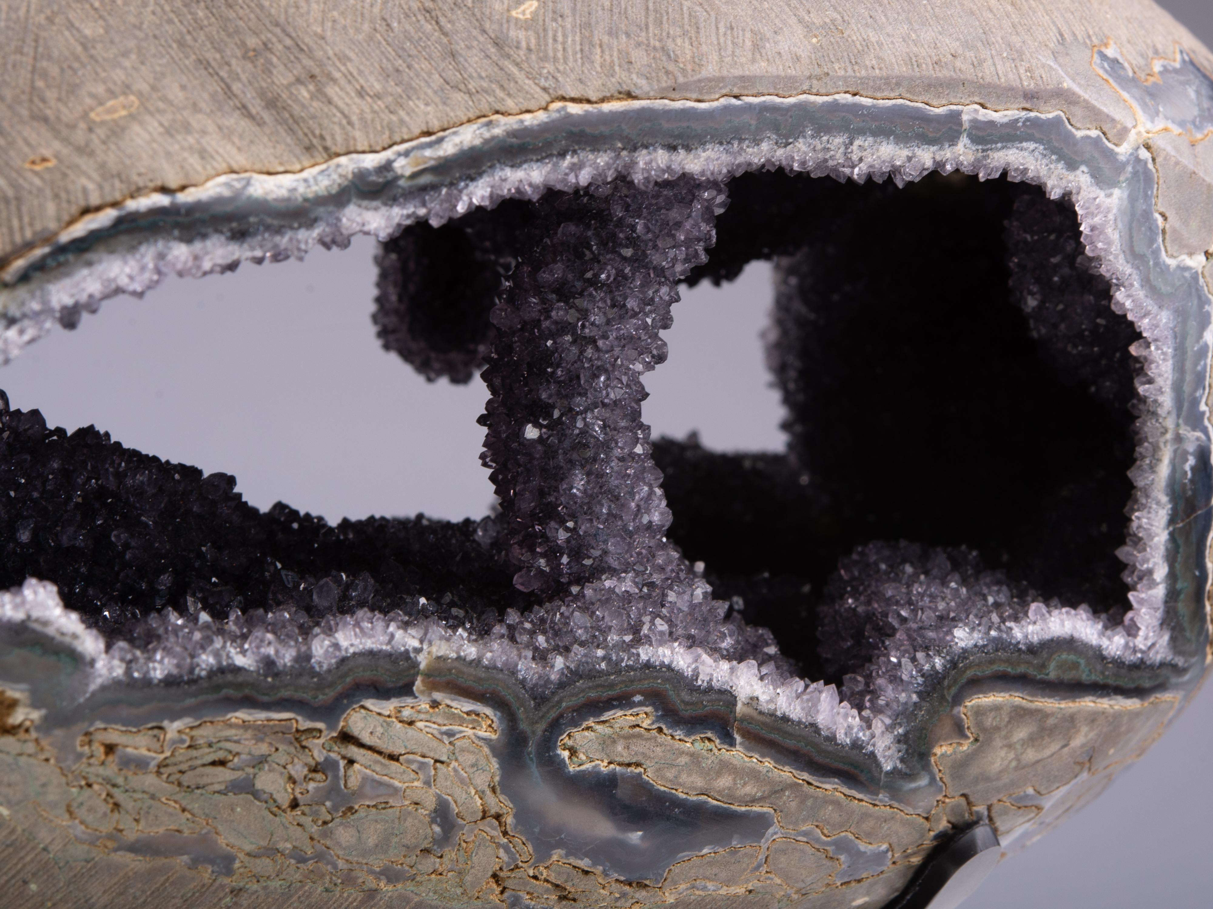 Amazing Geode with Stalactites and Stalagmites with Amethyst and Grey Druze For Sale 9