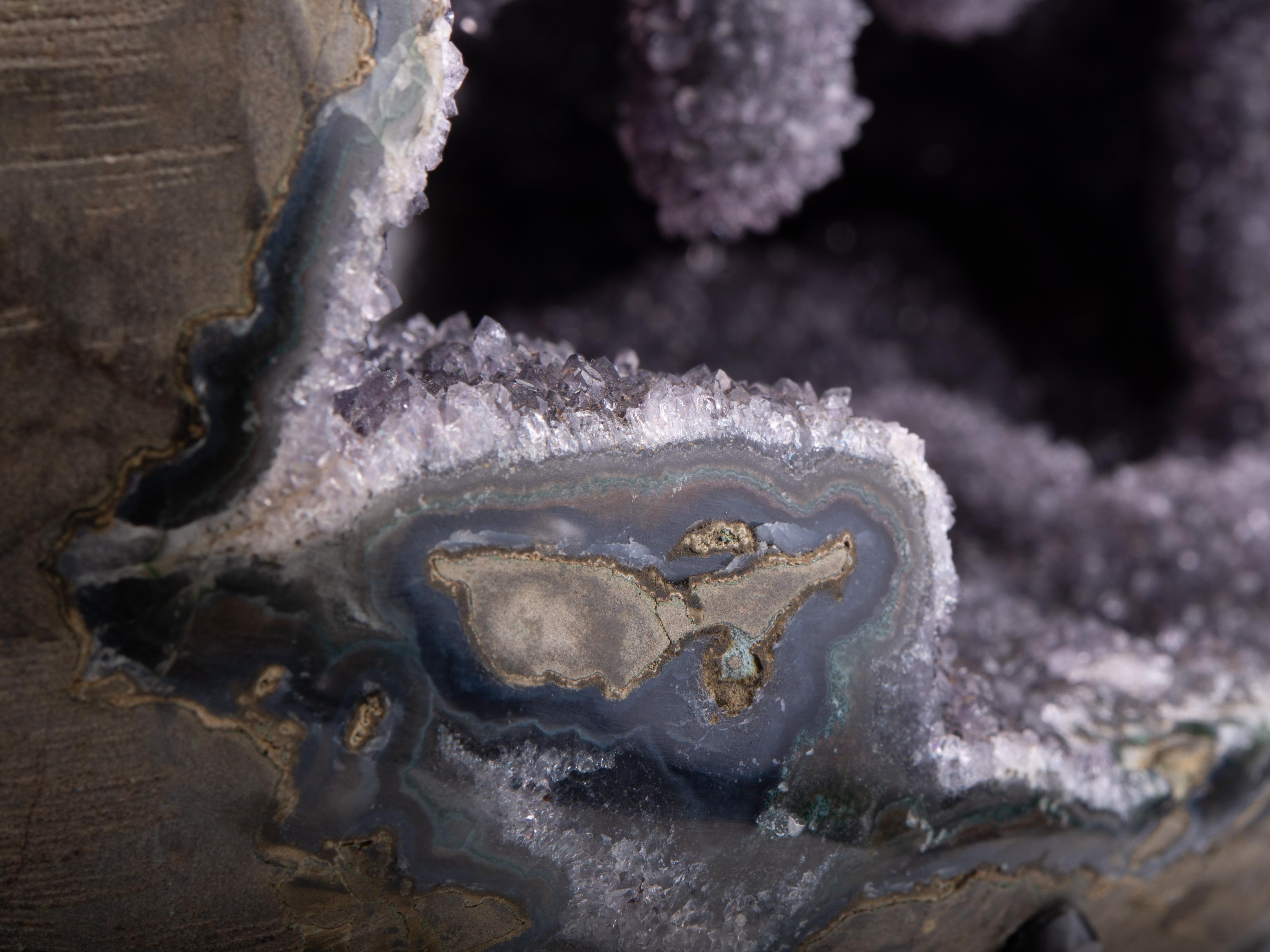 Amazing Geode with Stalactites and Stalagmites with Amethyst and Grey Druze For Sale 11