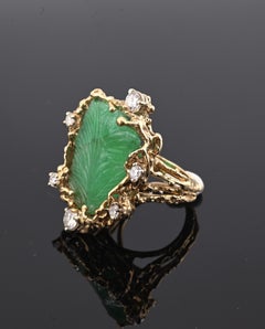 Amazing GIA Certified 14K Yellow Gold Carved Green Beryl & Diamond Ring 6.5