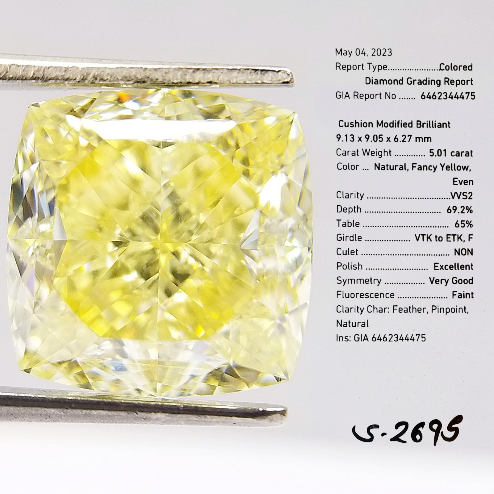 Cushion Cut Amazing GIA Certified 5.01 Carats of Fancy Yellow Diamond on Ring  For Sale
