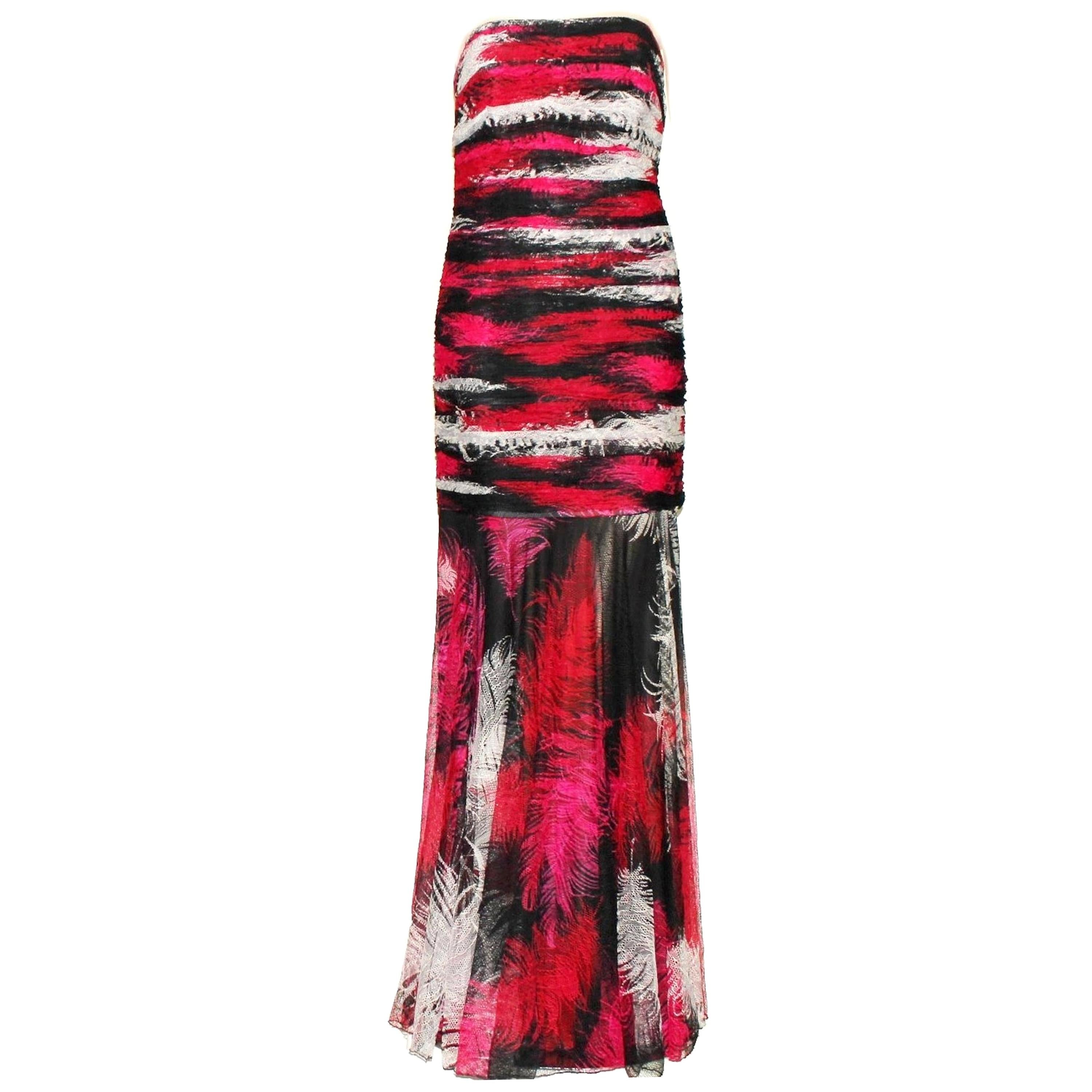 Amazing Gianni Versace Couture Feather Print Mesh Evening Gown Dress