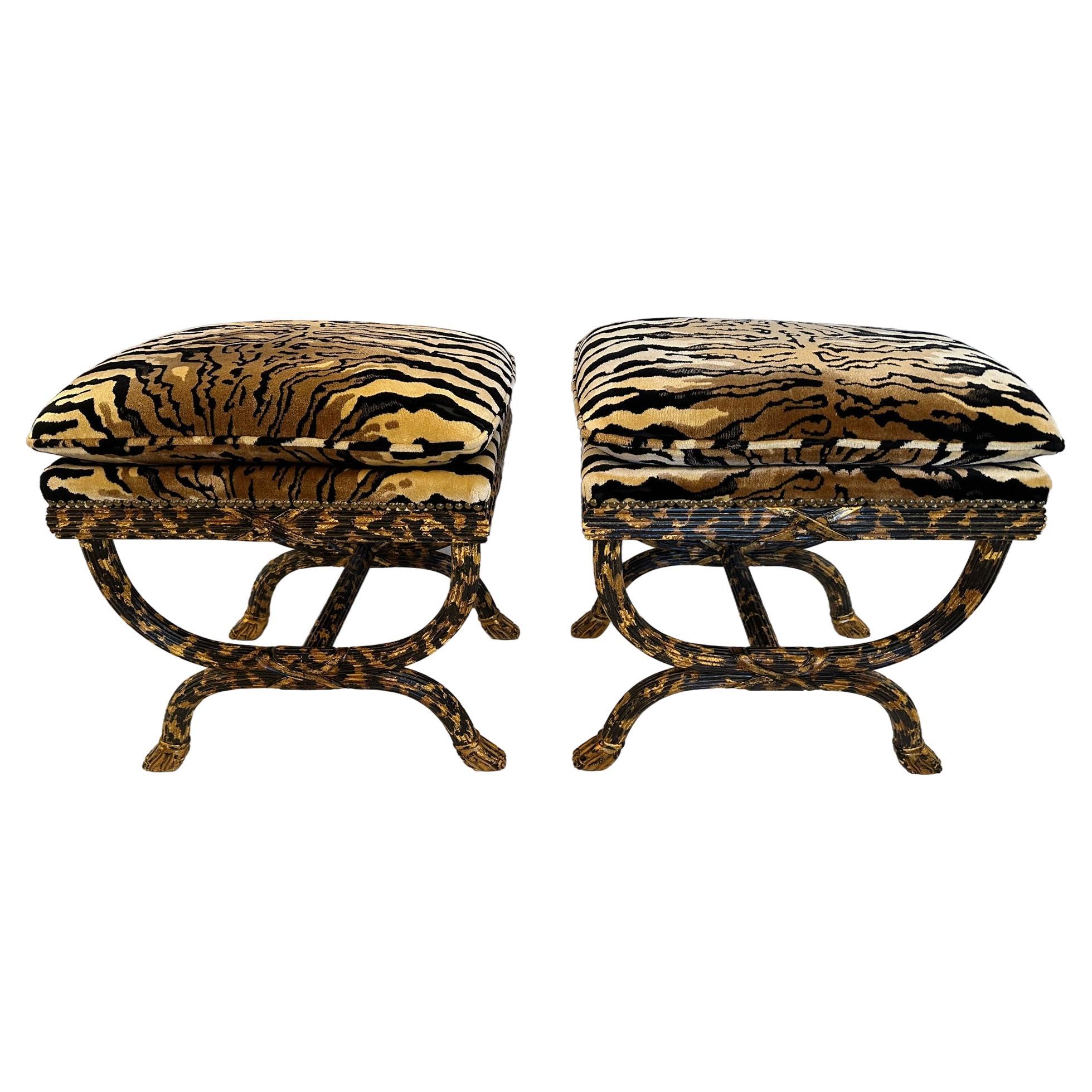 Amazing Glam Pair of Neoclassical Animal Print Ottomans by William Switzer