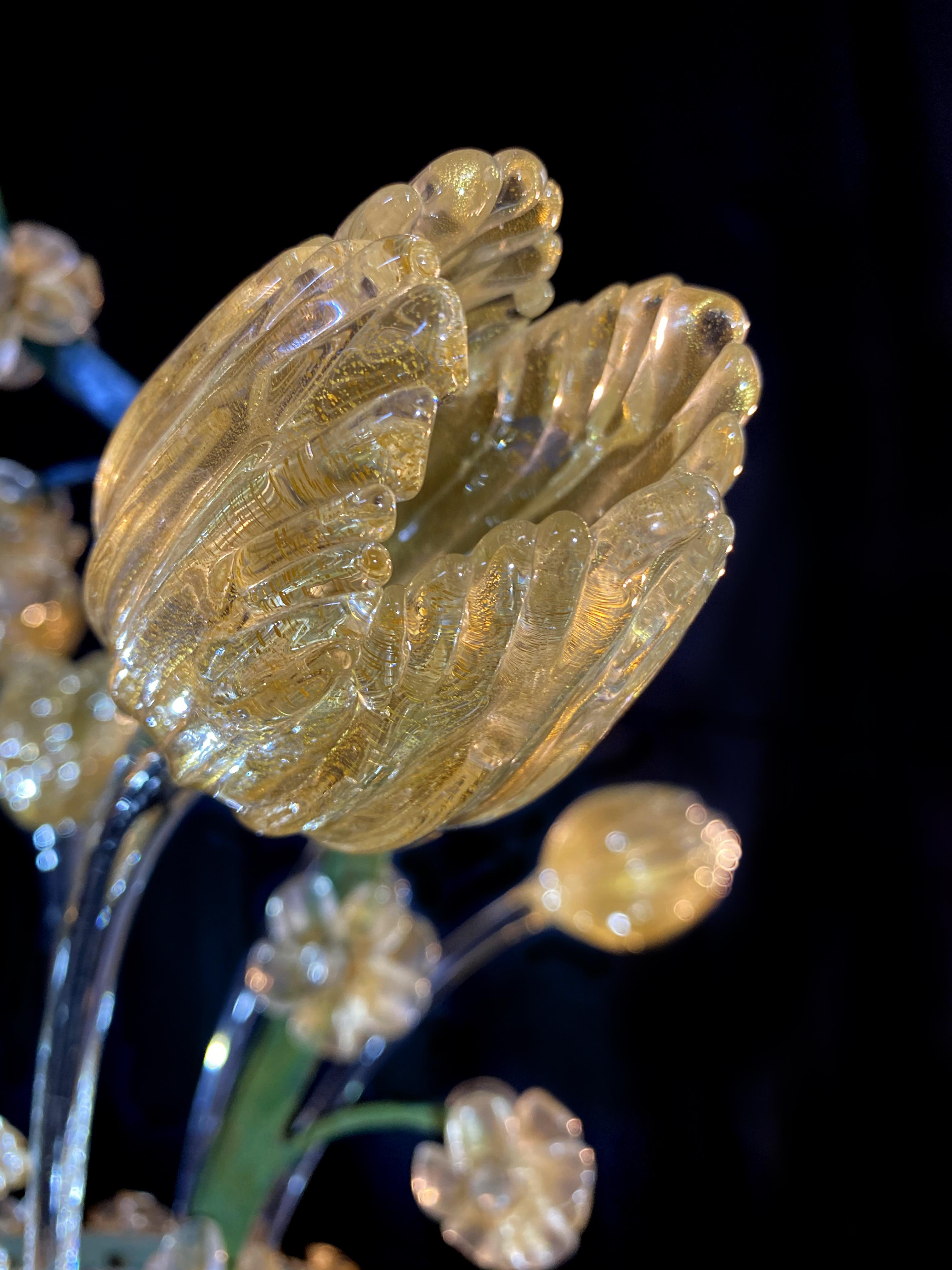 Amazing Glass Flower Chandelier with Gold Inclusions, Murano, 1950s For Sale 9