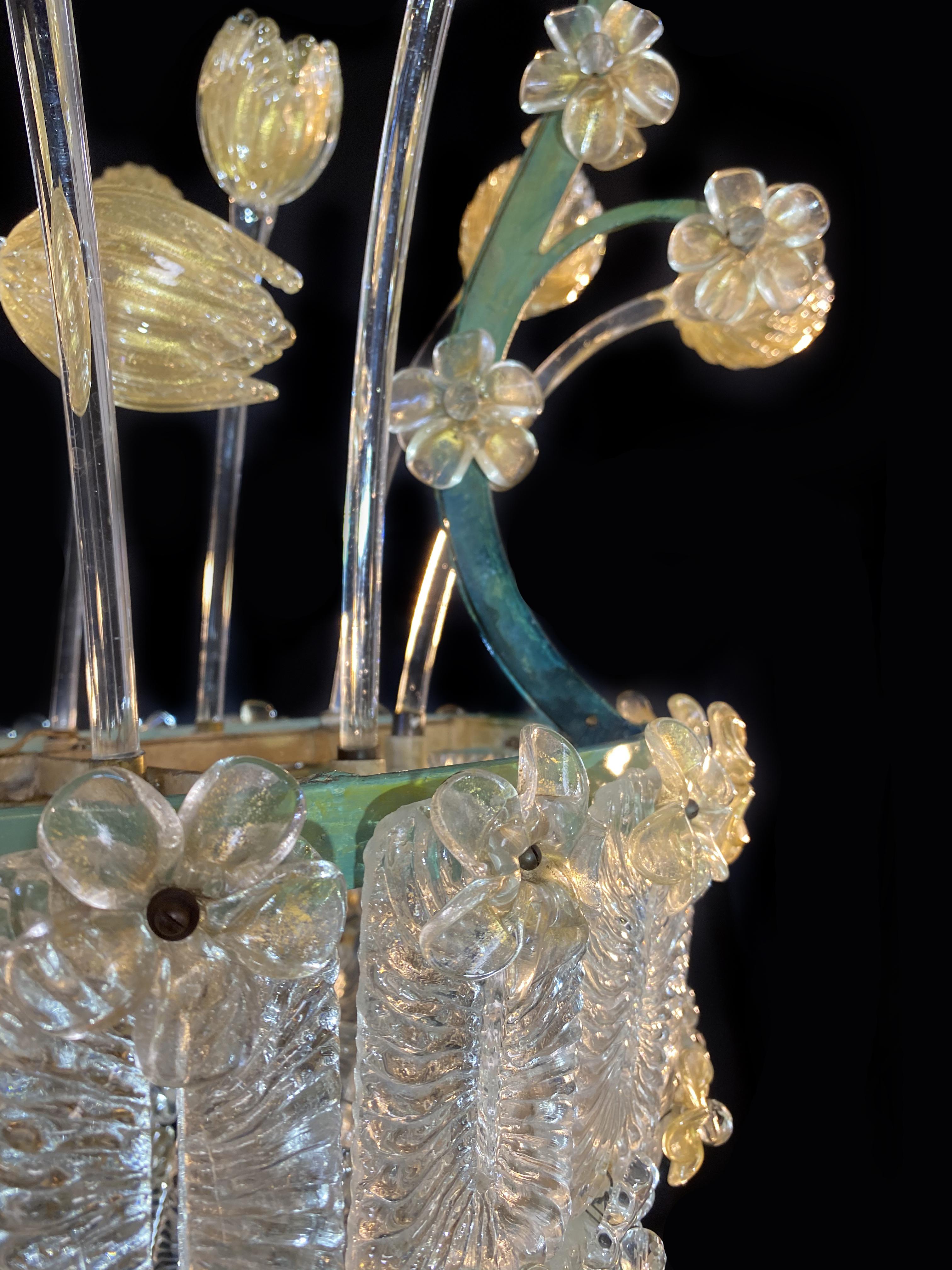 Painted Amazing Glass Flower Chandelier with Gold Inclusions, Murano, 1950s For Sale