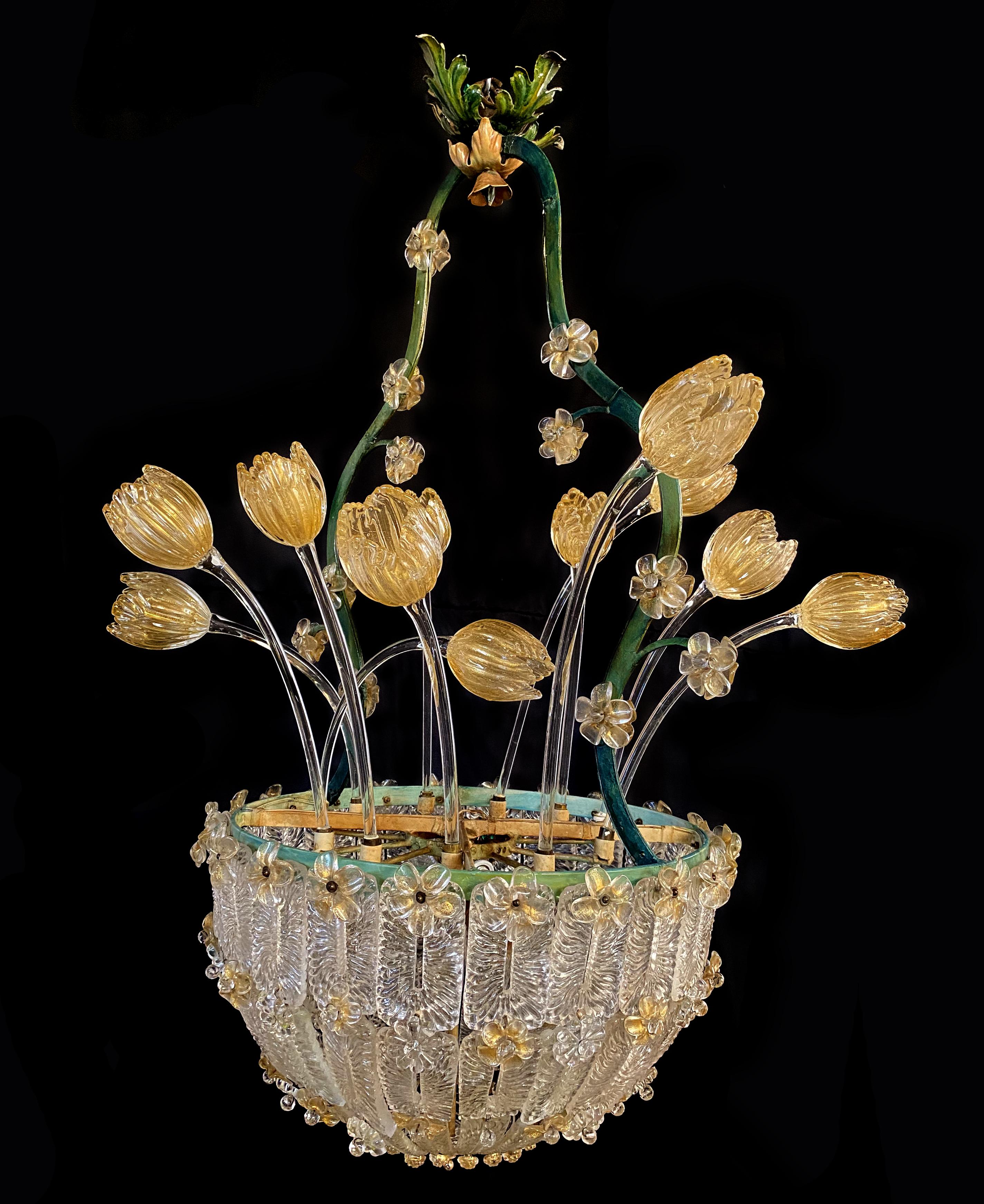 Murano Glass Amazing Glass Flower Chandelier with Gold Inclusions, Murano, 1950s For Sale