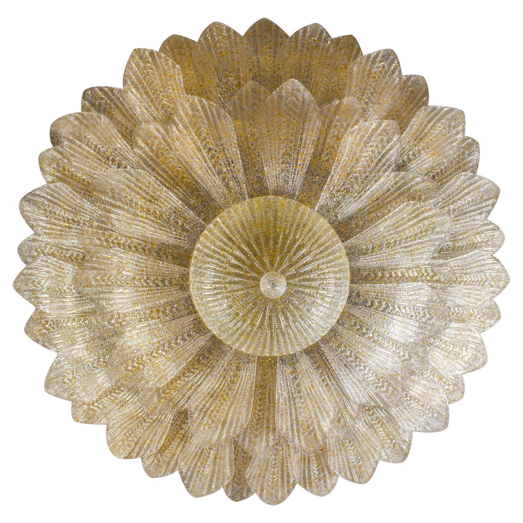 Incroyable plafonnier ou lustre à feuilles en verre de Murano ambré or