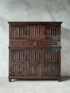 Amazing Gothic Revival High Credenza with Hand Carved Church Windows Early 1900s