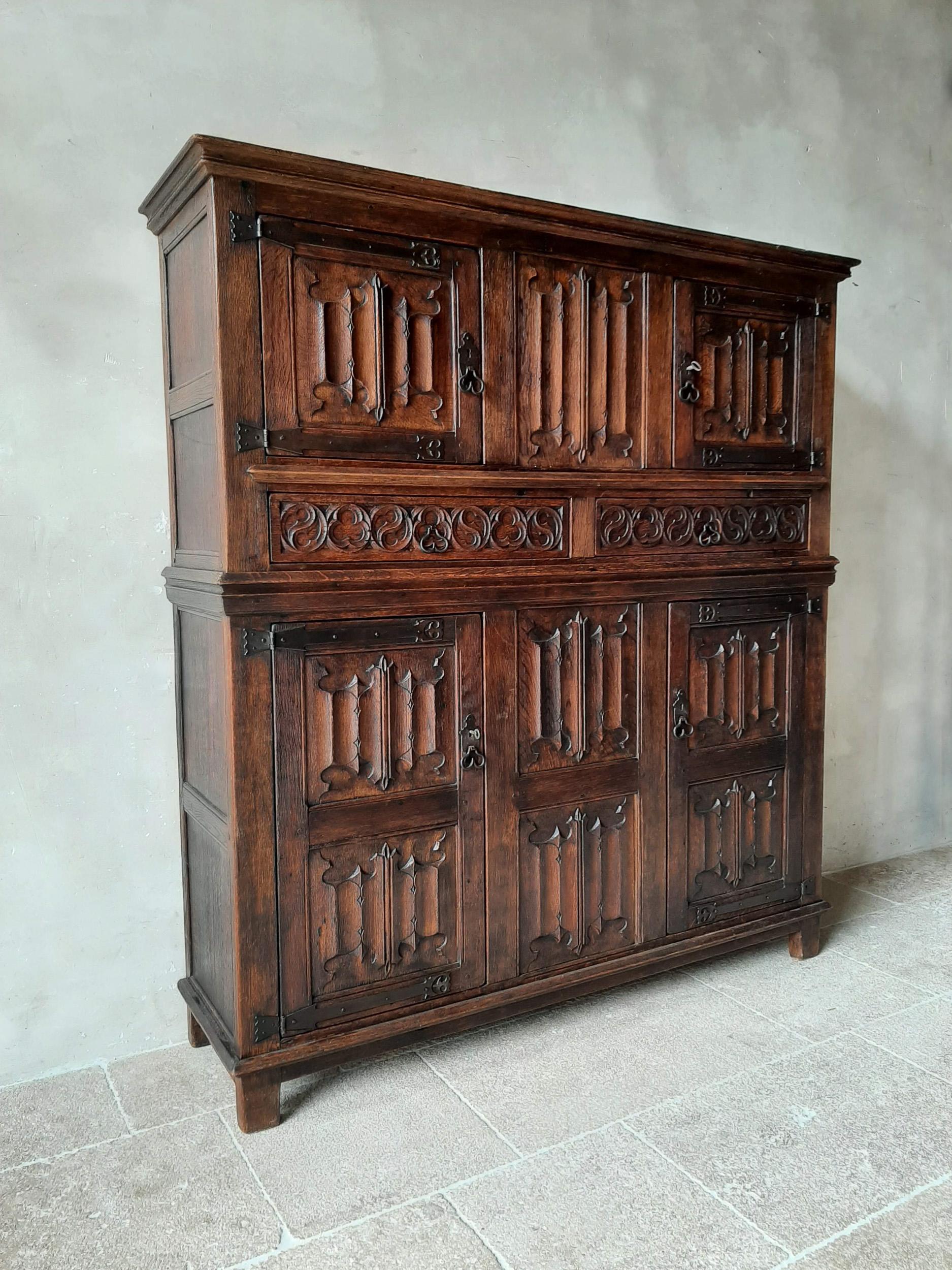 Hand-Carved Amazing Gothic Revival High Credenza with Hand Carved Church Windows Early 1900s