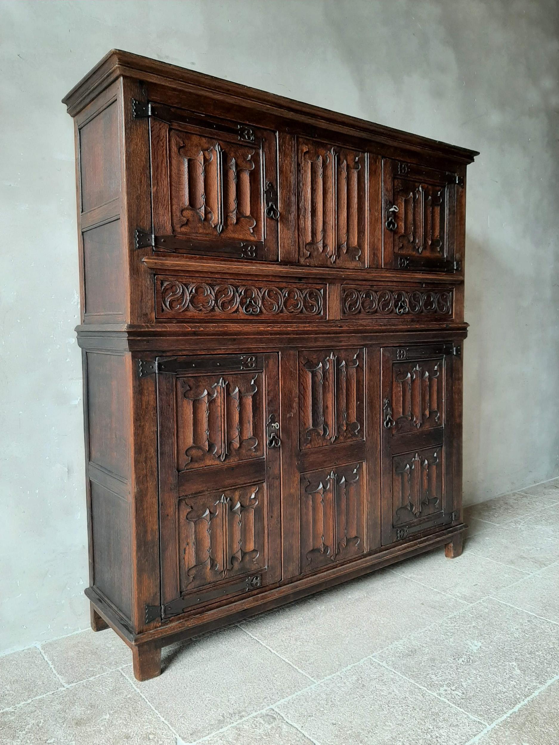20th Century Amazing Gothic Revival High Credenza with Hand Carved Church Windows Early 1900s