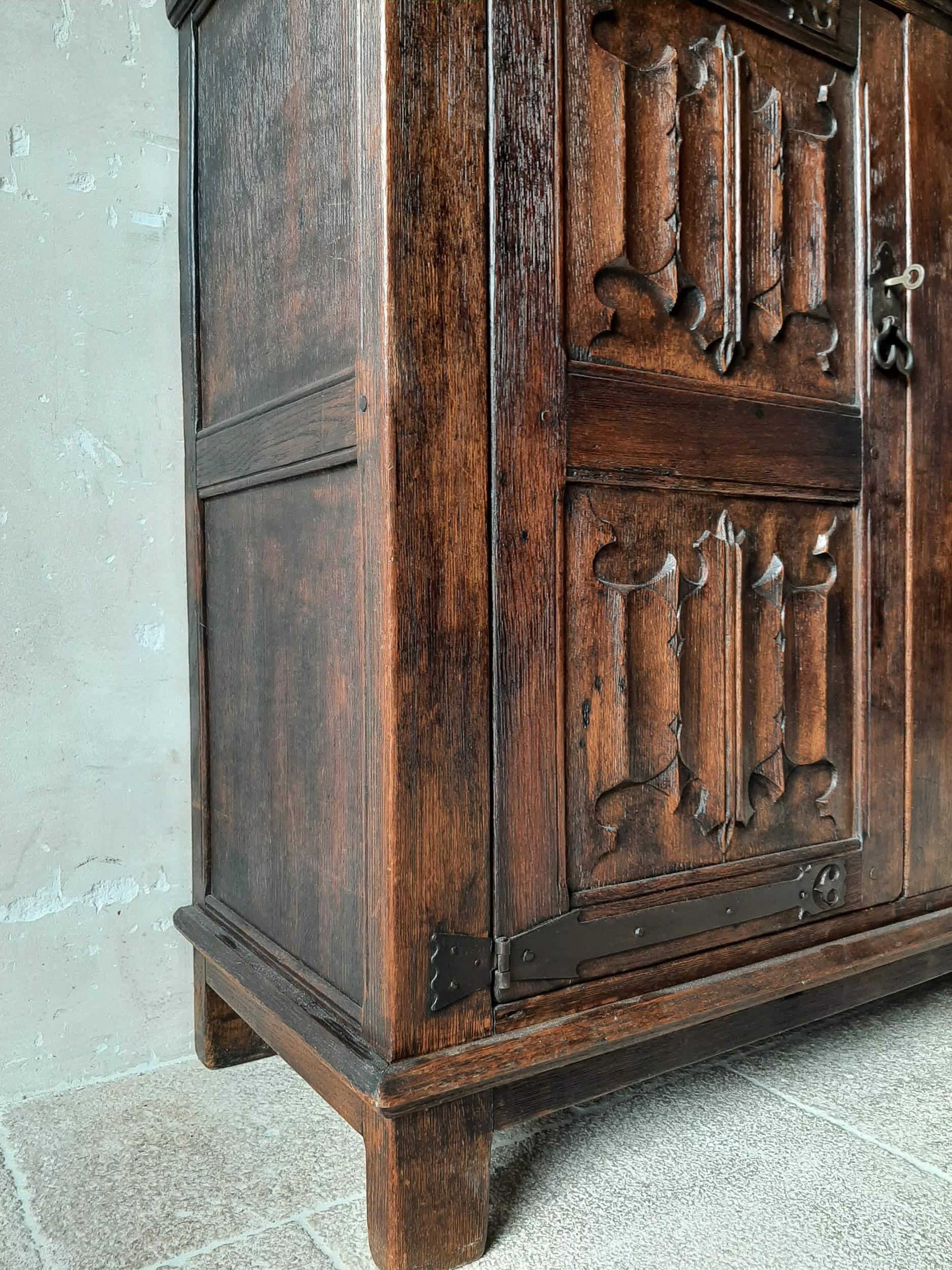 Amazing Gothic Revival High Credenza with Hand Carved Church Windows Early 1900s 1