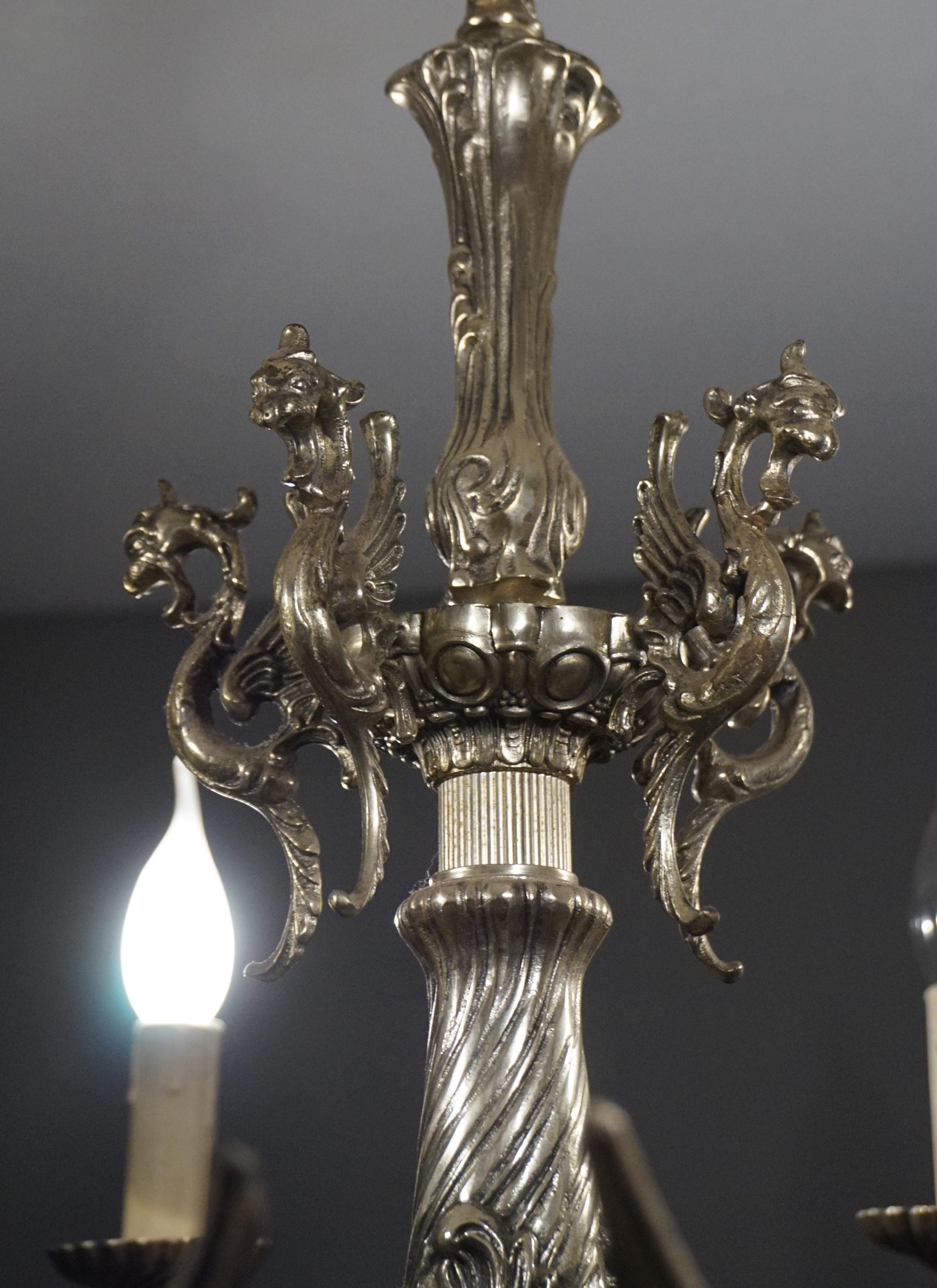 Amazing Gothic Revival Silvered Bronze Chandelier with Flying Dragon Sculptures 4
