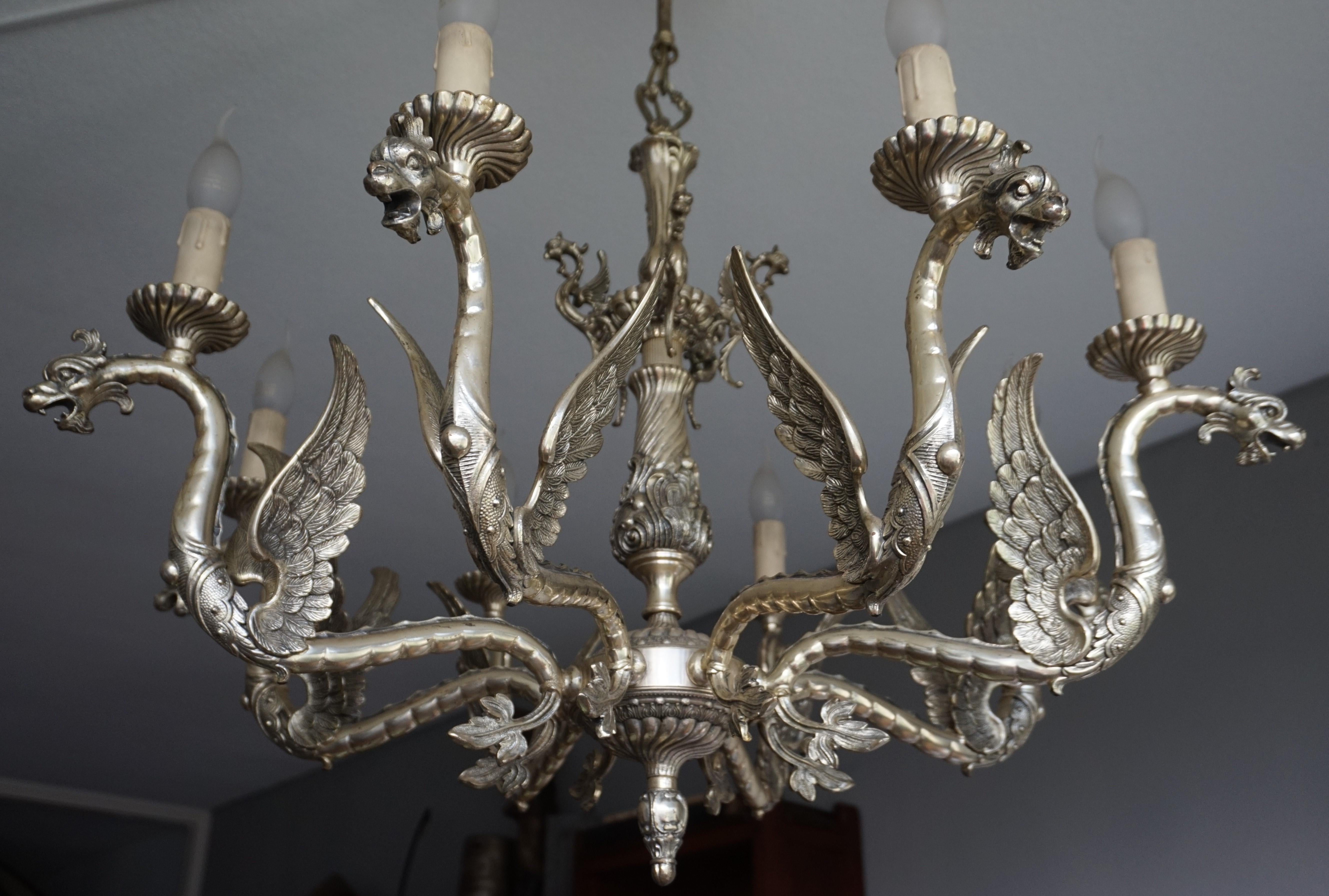 Amazing Gothic Revival Silvered Bronze Chandelier with Flying Dragon Sculptures 6