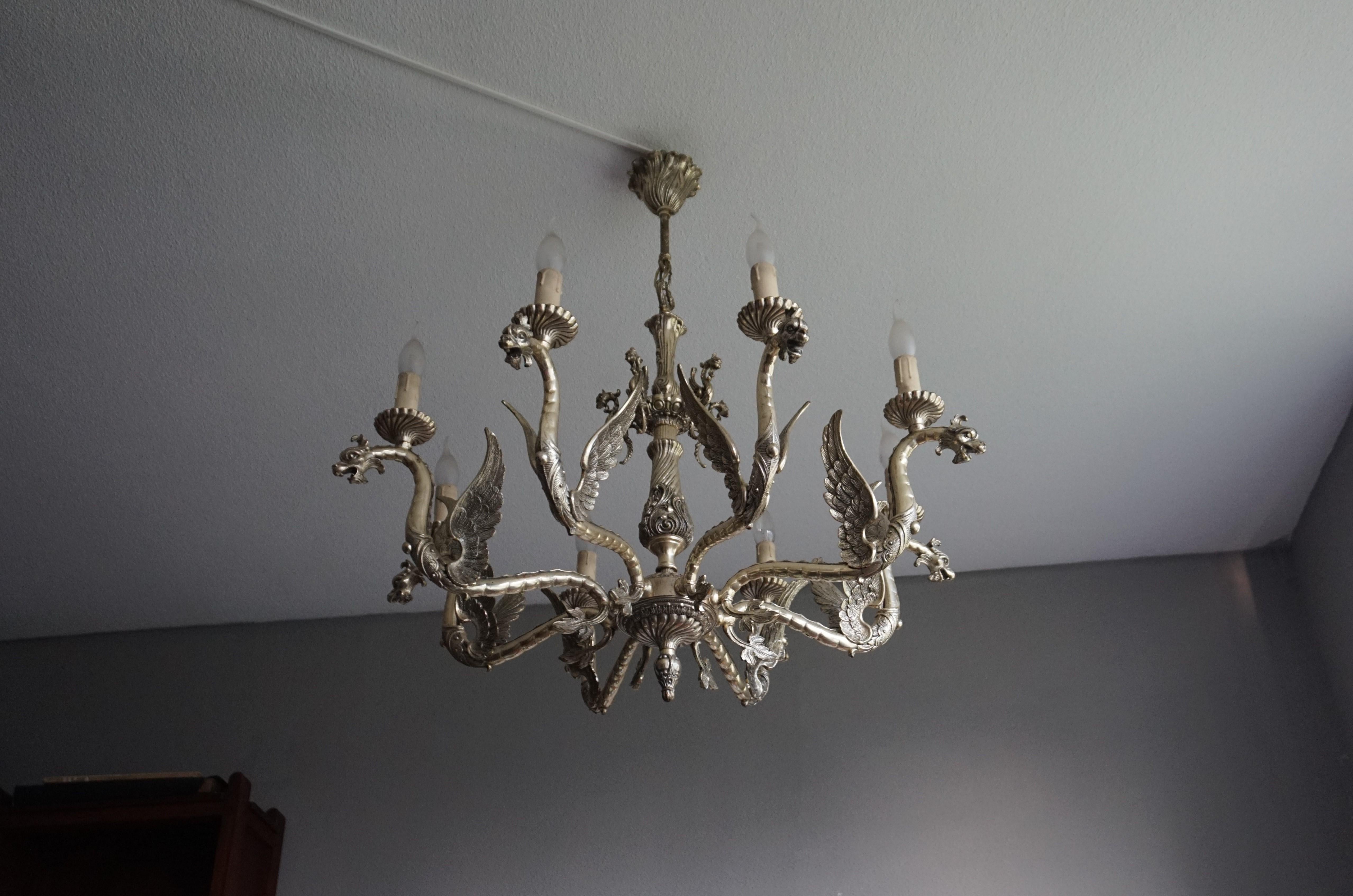 Amazing Gothic Revival Silvered Bronze Chandelier with Flying Dragon Sculptures 7