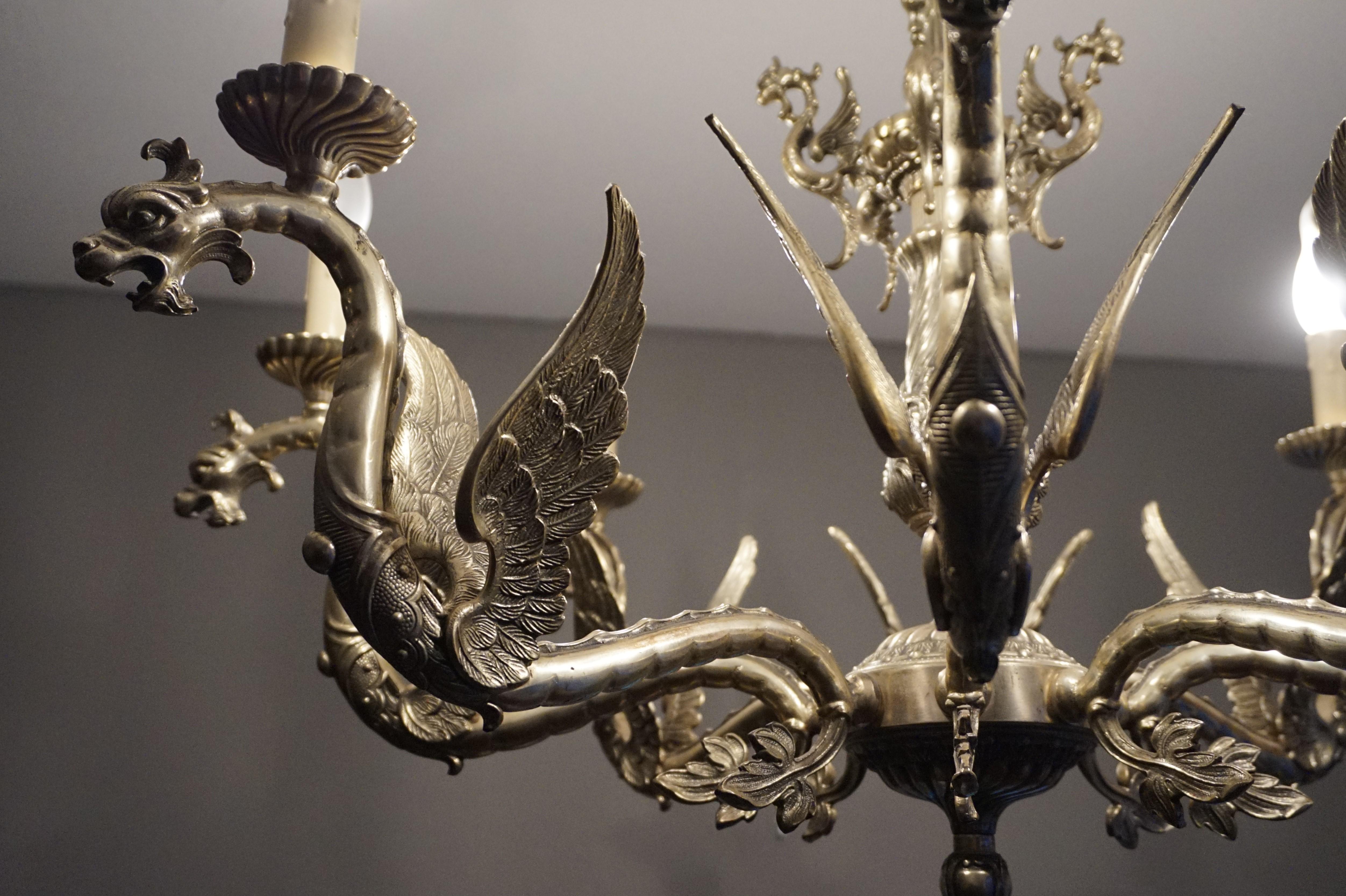 Amazing Gothic Revival Silvered Bronze Chandelier with Flying Dragon Sculptures 9