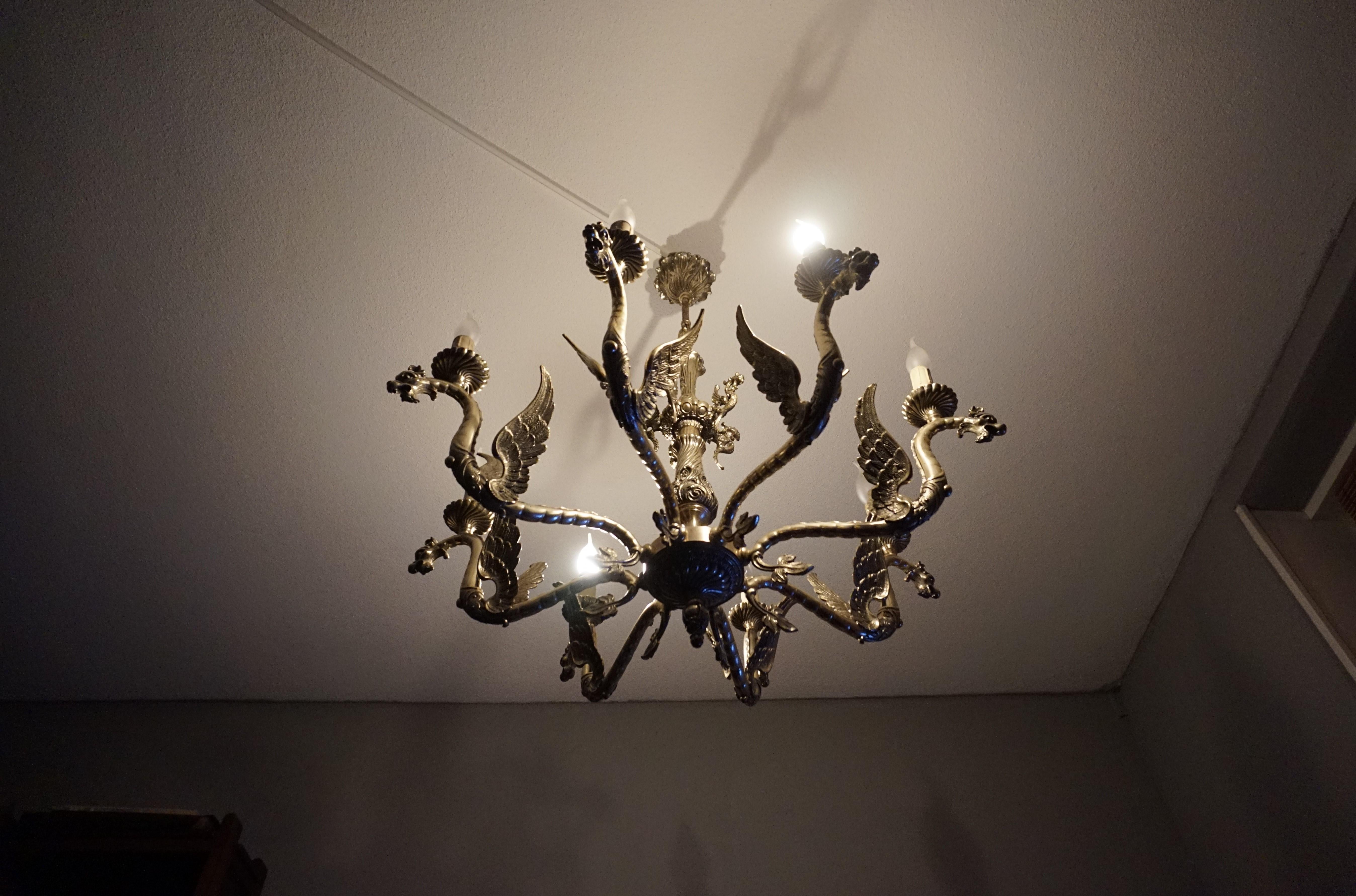 Amazing Gothic Revival Silvered Bronze Chandelier with Flying Dragon Sculptures 11