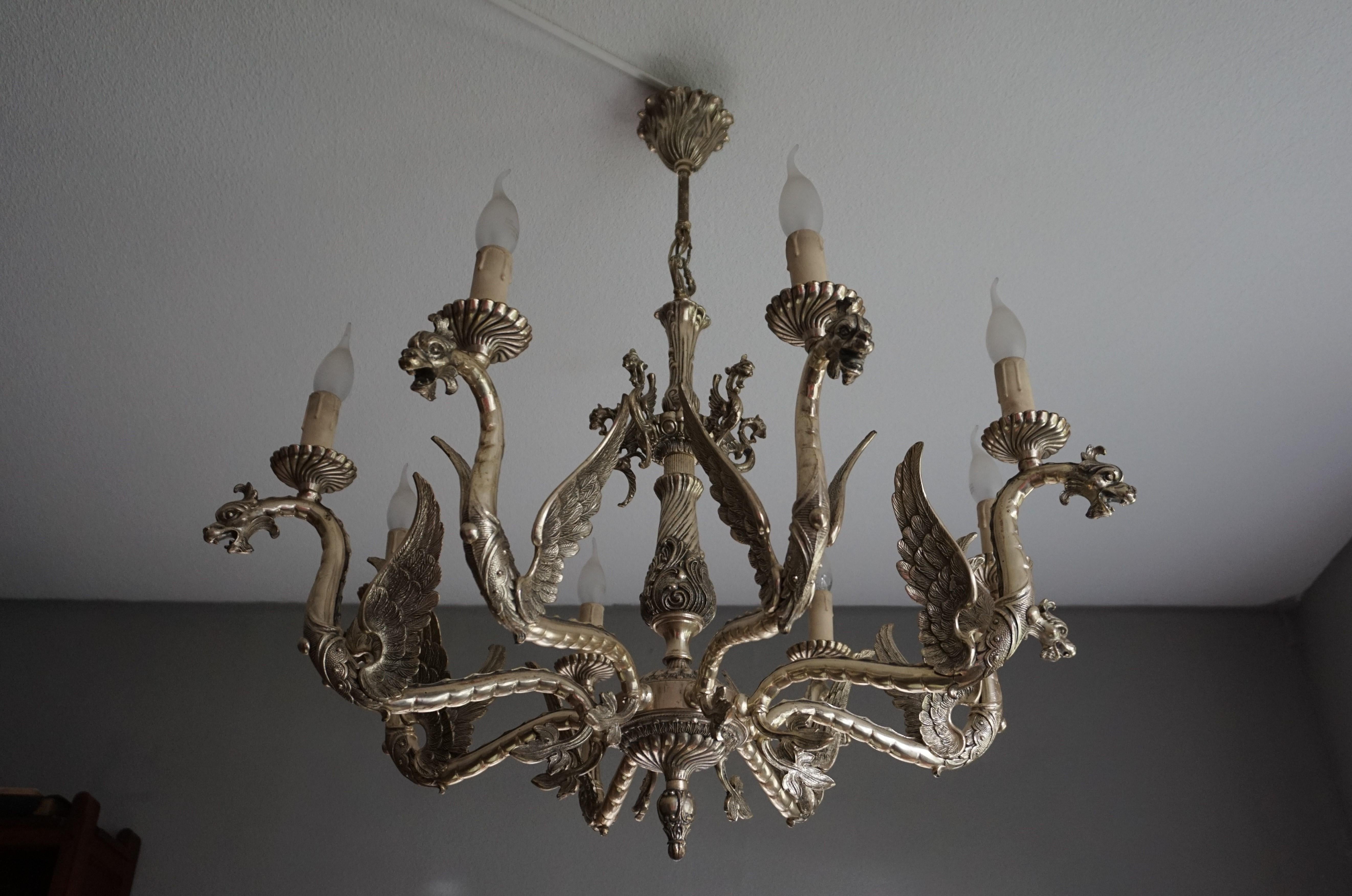 Amazing Gothic Revival Silvered Bronze Chandelier with Flying Dragon Sculptures 14
