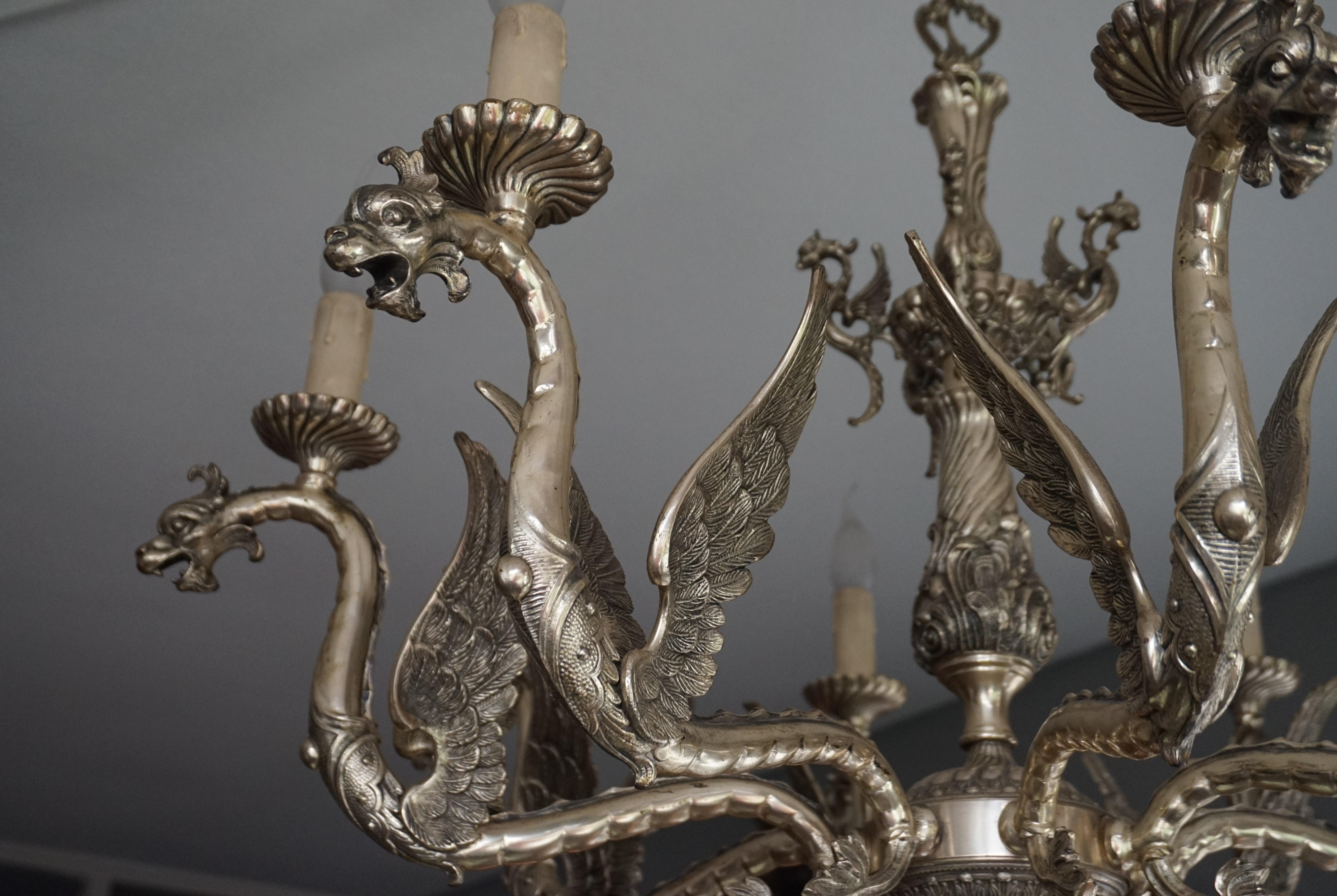 French Amazing Gothic Revival Silvered Bronze Chandelier with Flying Dragon Sculptures