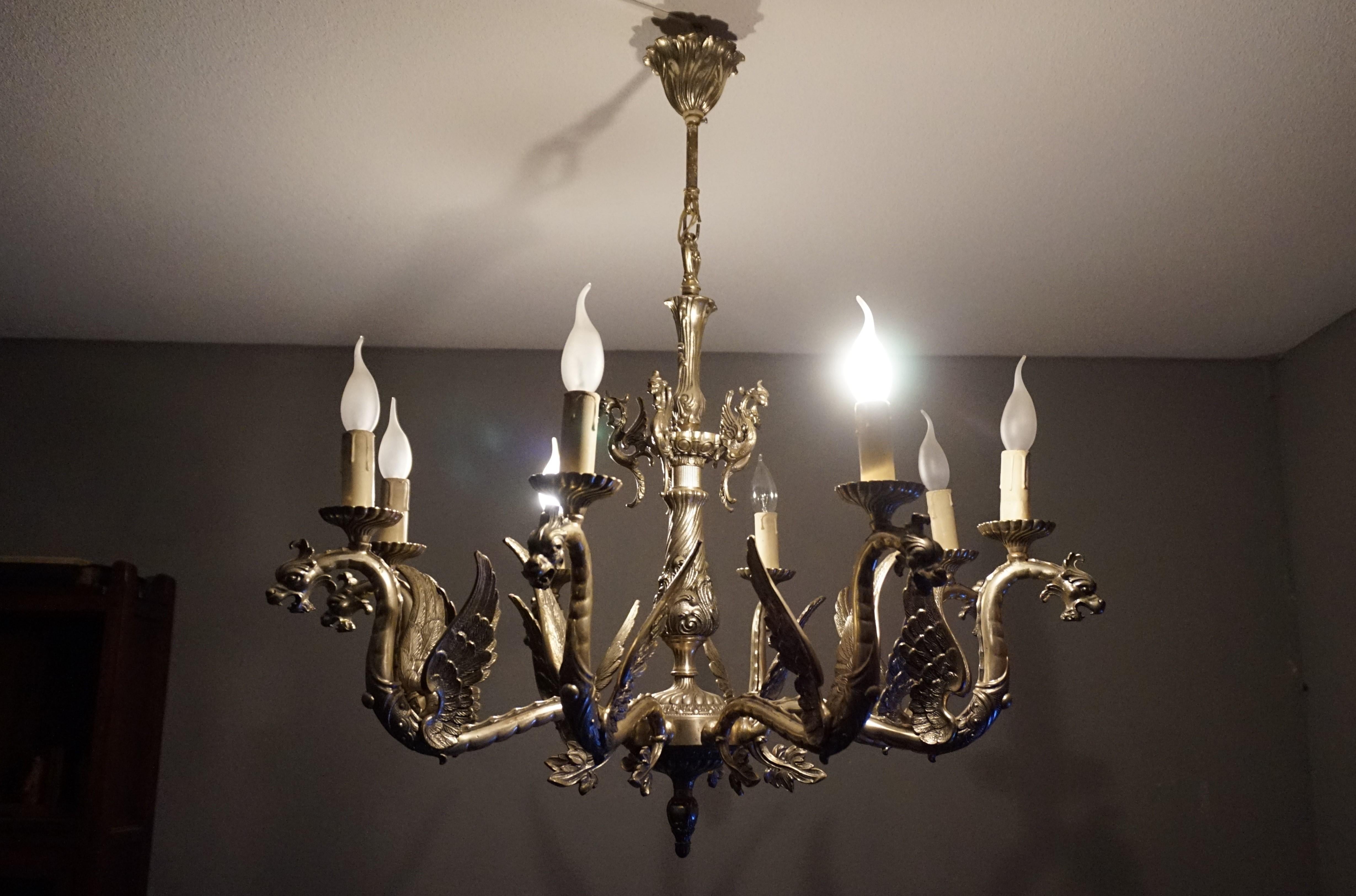 Amazing Gothic Revival Silvered Bronze Chandelier with Flying Dragon Sculptures In Excellent Condition In Lisse, NL