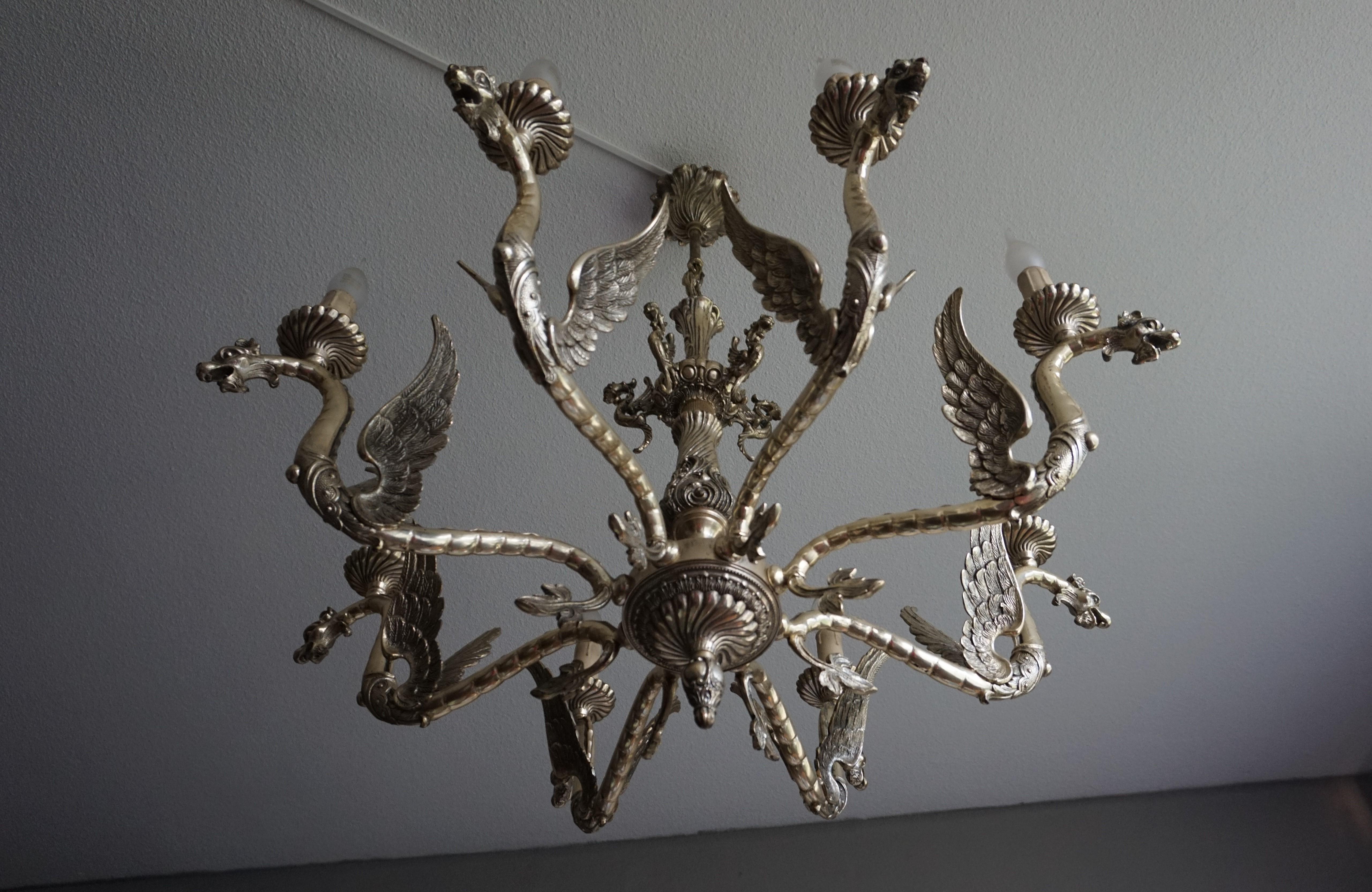 20th Century Amazing Gothic Revival Silvered Bronze Chandelier with Flying Dragon Sculptures