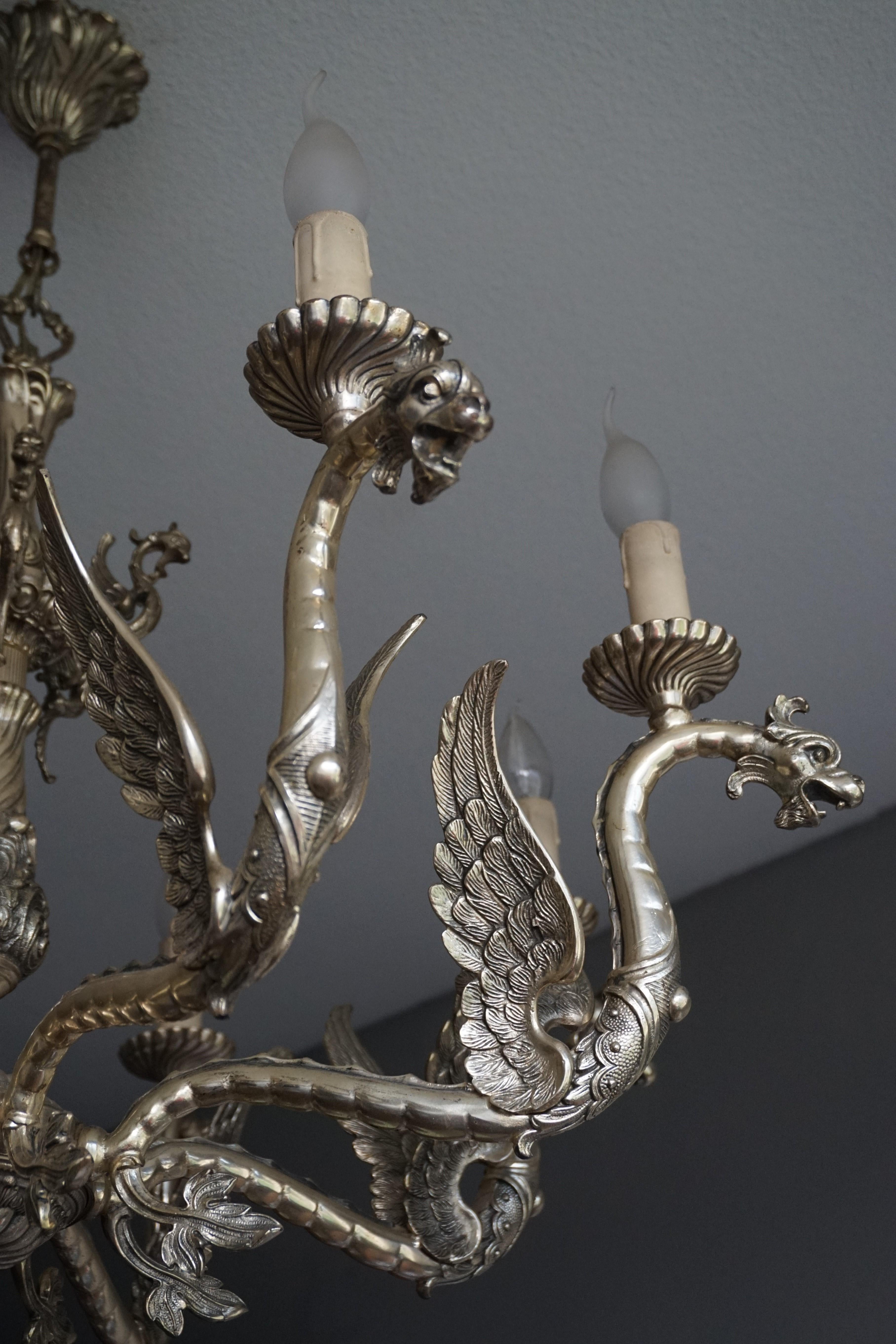 Amazing Gothic Revival Silvered Bronze Chandelier with Flying Dragon Sculptures 1