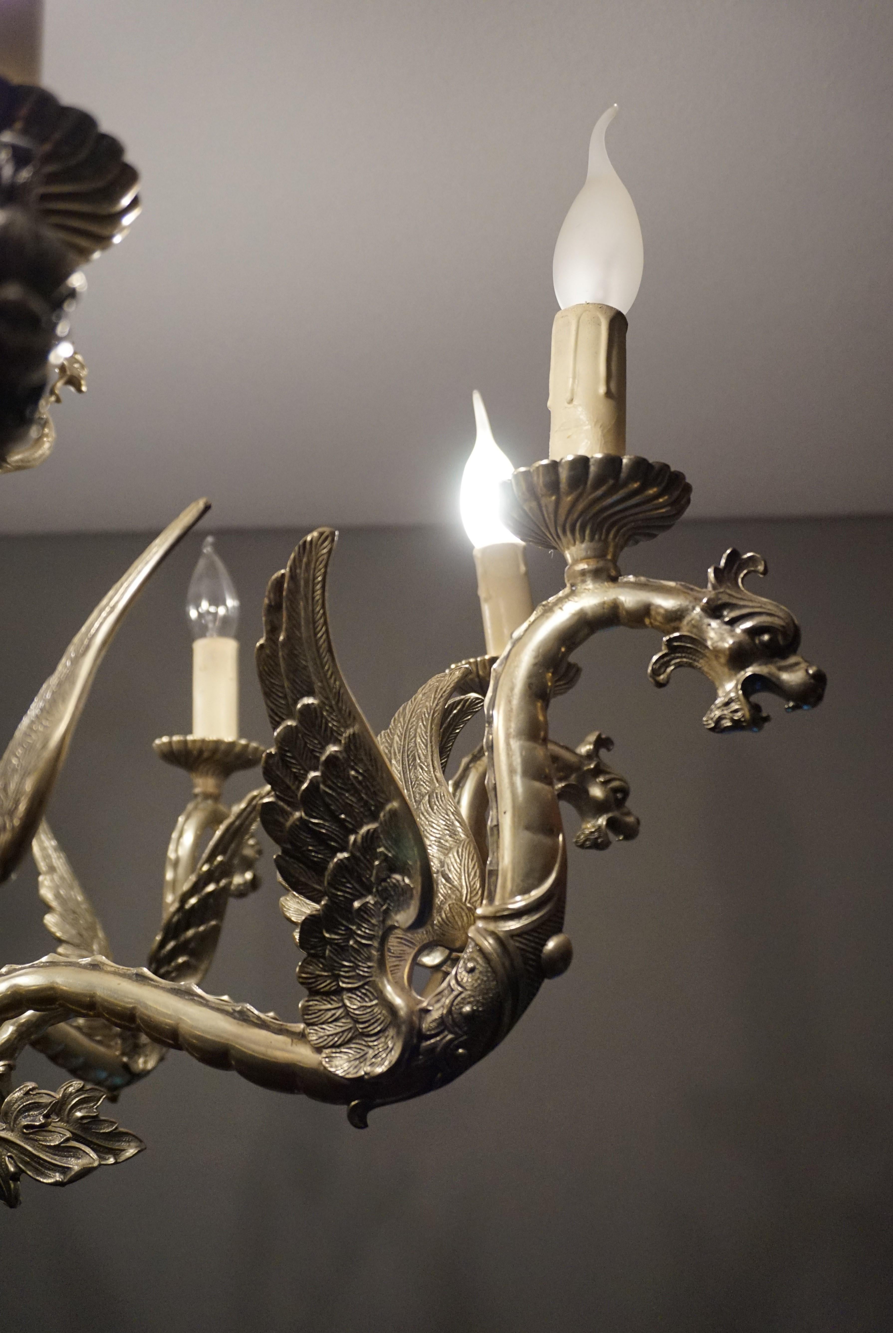 Amazing Gothic Revival Silvered Bronze Chandelier with Flying Dragon Sculptures 2