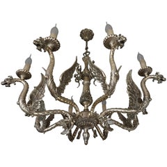 Amazing Gothic Revival Silvered Bronze Chandelier with Flying Dragon Sculptures