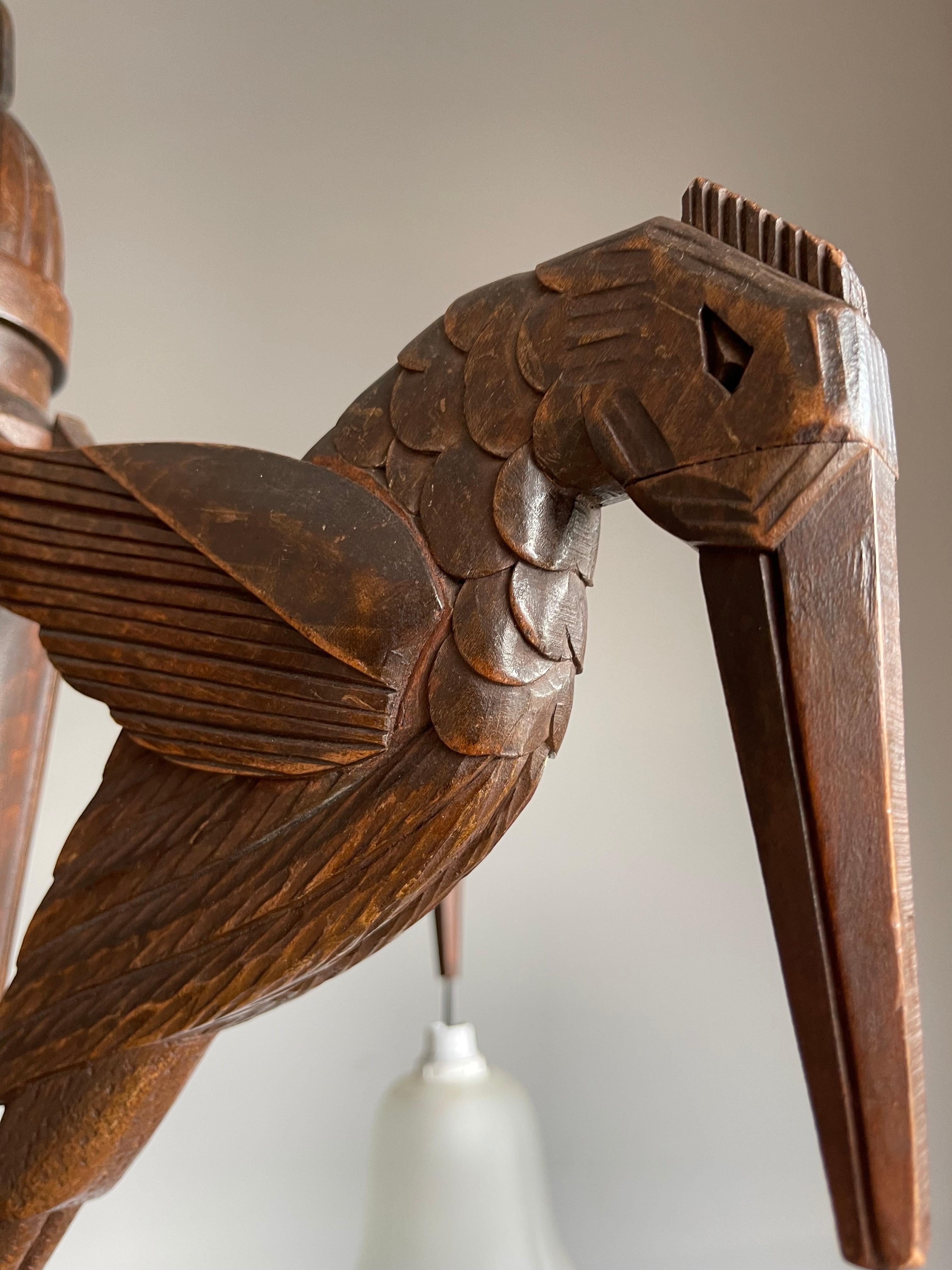 Amazing Hand Carved Art Deco Chandelier / Pendant Light w. Stylish Humming Birds 3