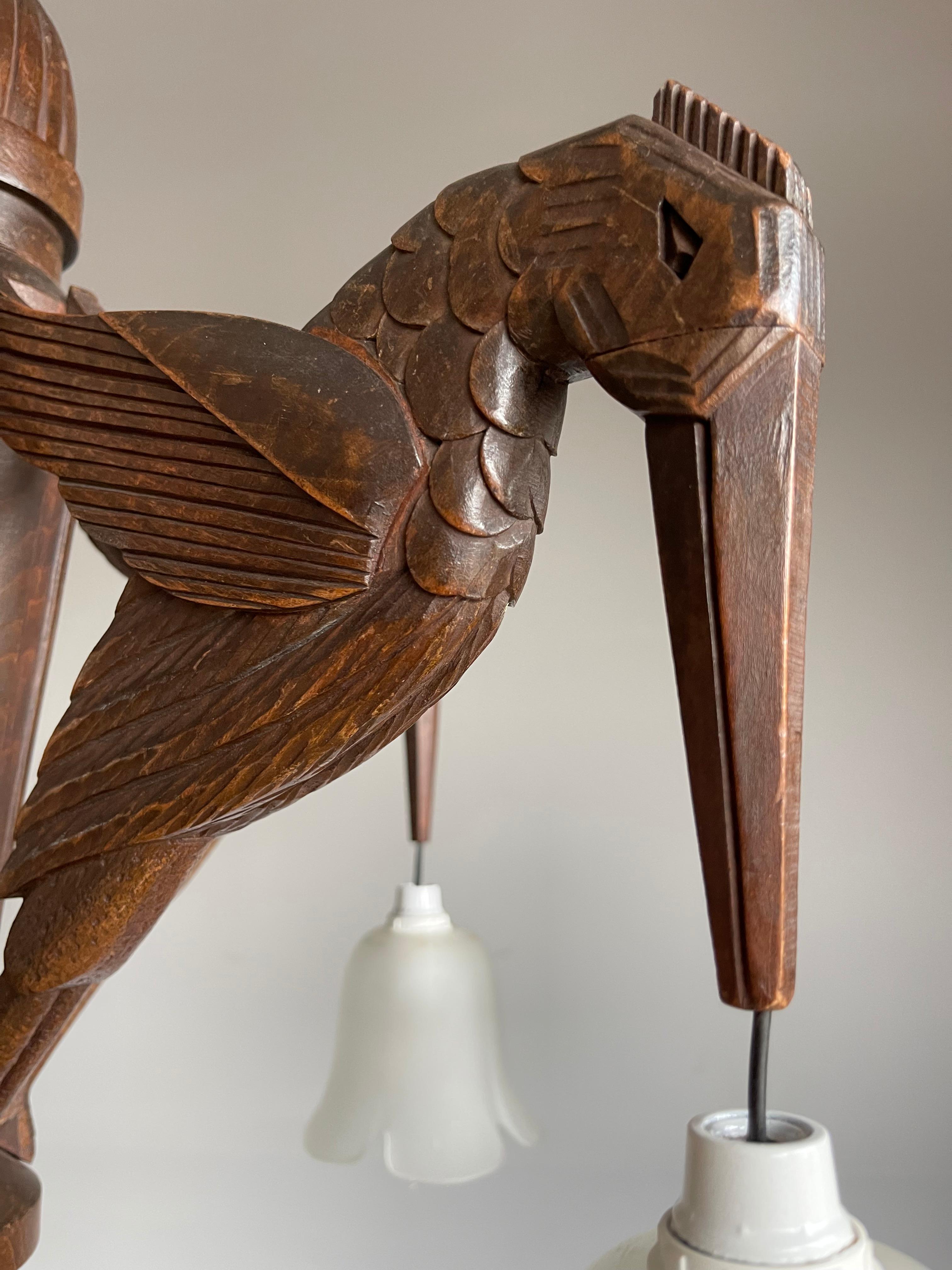 Amazing Hand Carved Art Deco Chandelier / Pendant Light w. Stylish Humming Birds 4