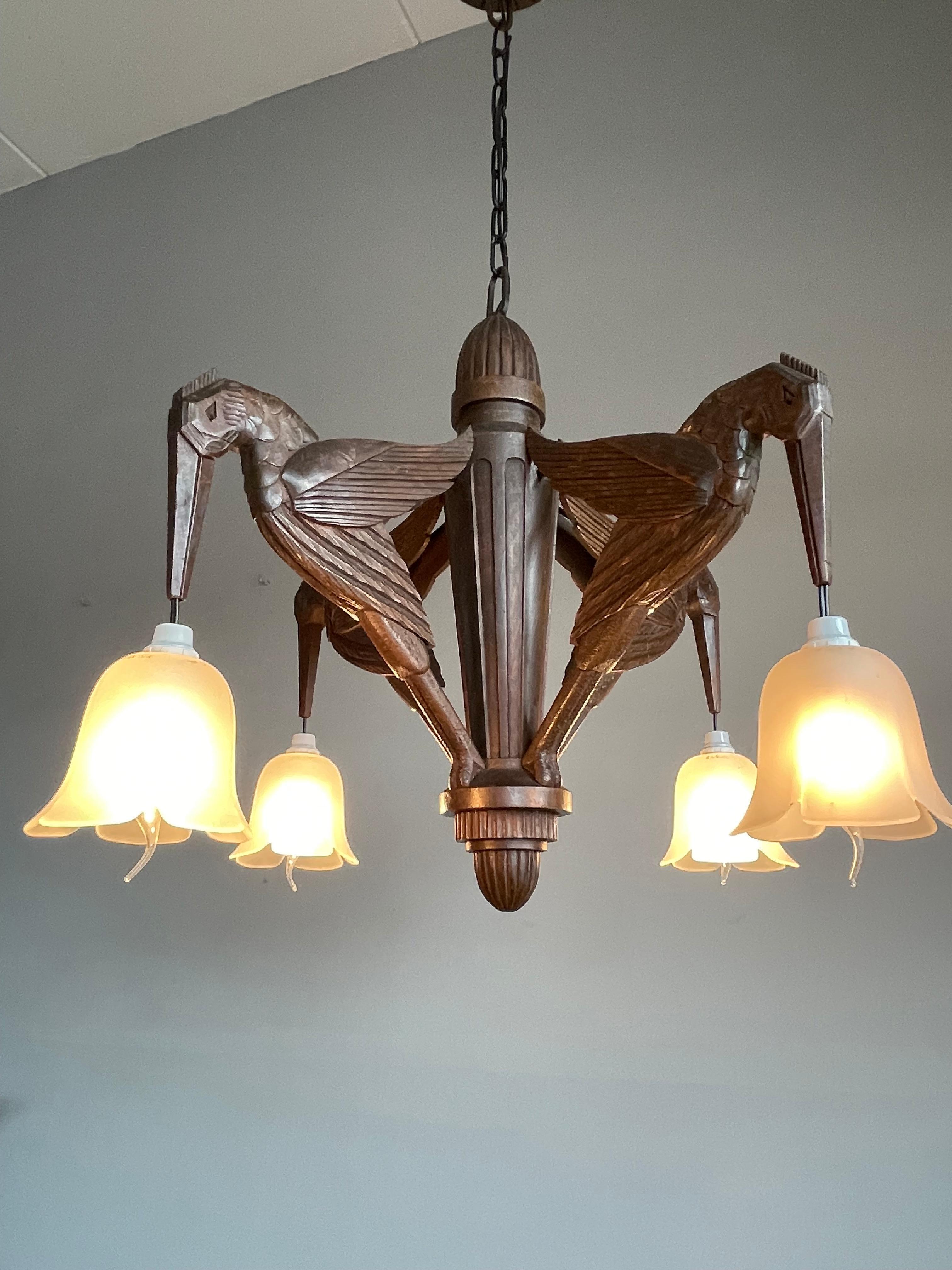 Amazing Hand Carved Art Deco Chandelier / Pendant Light w. Stylish Humming Birds 6